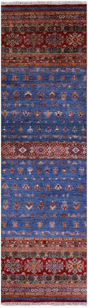Blue Khorjin Persian Gabbeh Hand Knotted Wool Runner Rug - 2' 9" X 9' 9" - Golden Nile