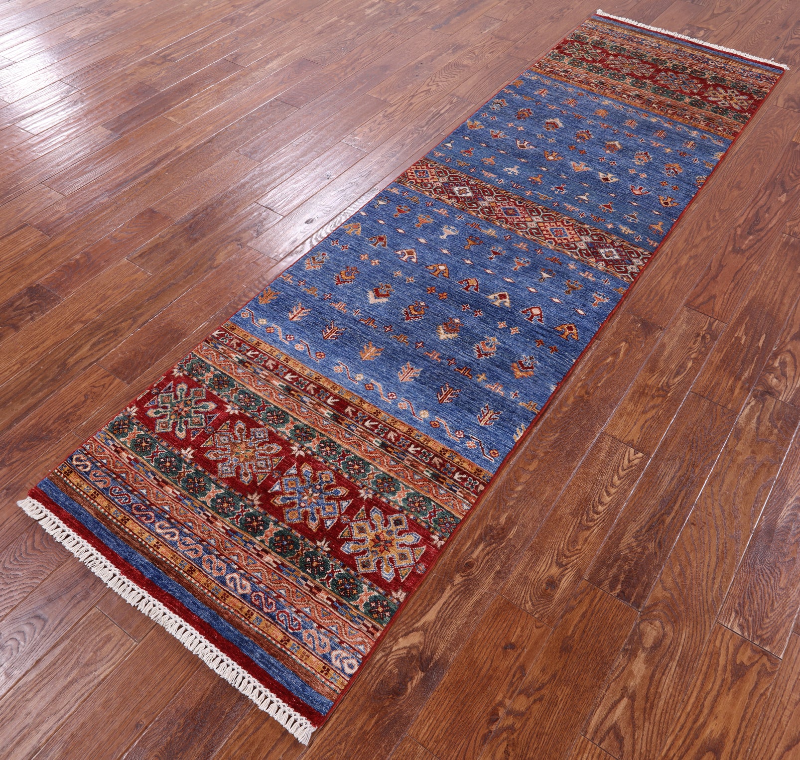 Blue Khorjin Persian Gabbeh Hand Knotted Wool Runner Rug - 2' 9" X 9' 9" - Golden Nile