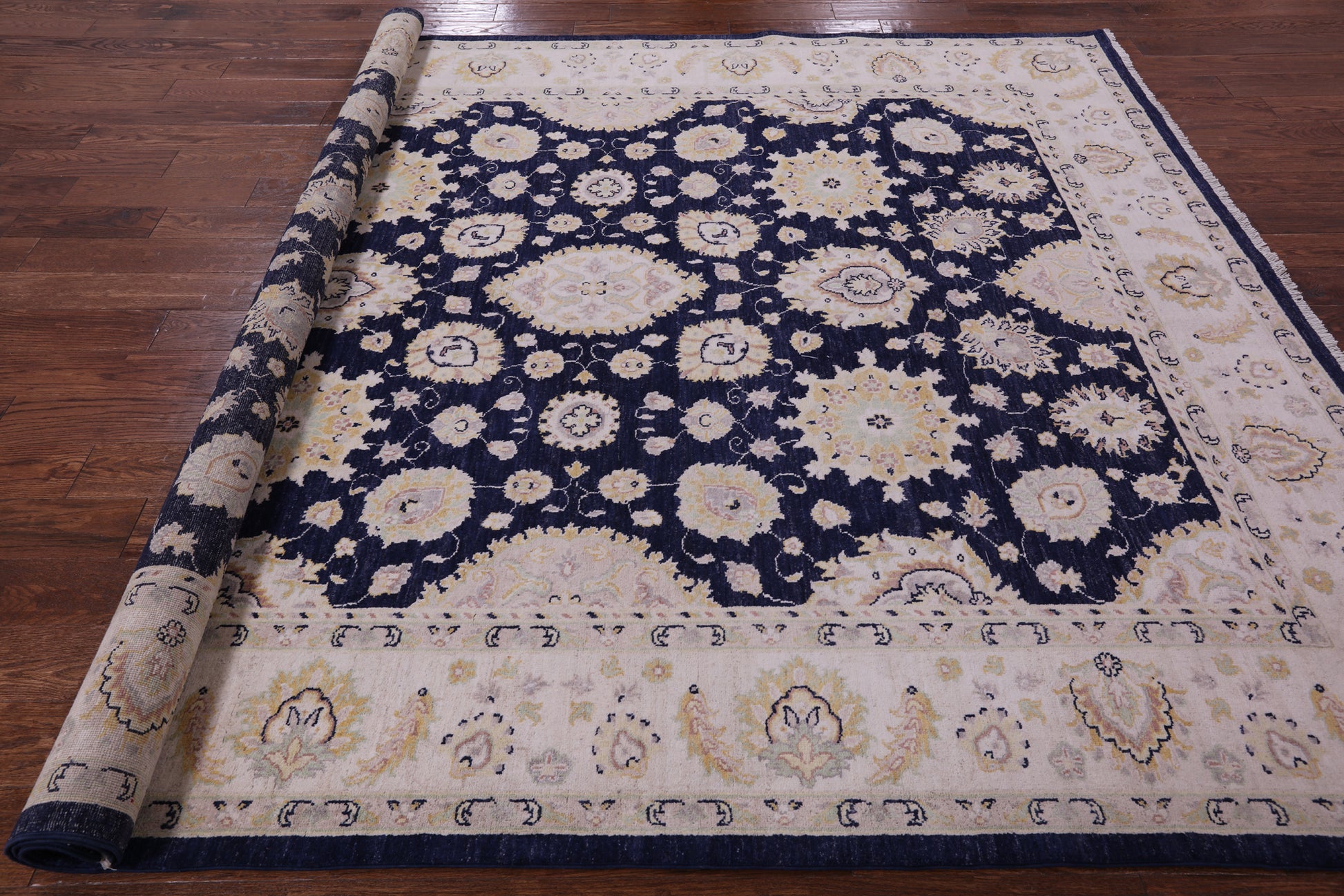 Blue Peshawar Hand Knotted Wool Rug - 7' 11" X 9' 9" - Golden Nile