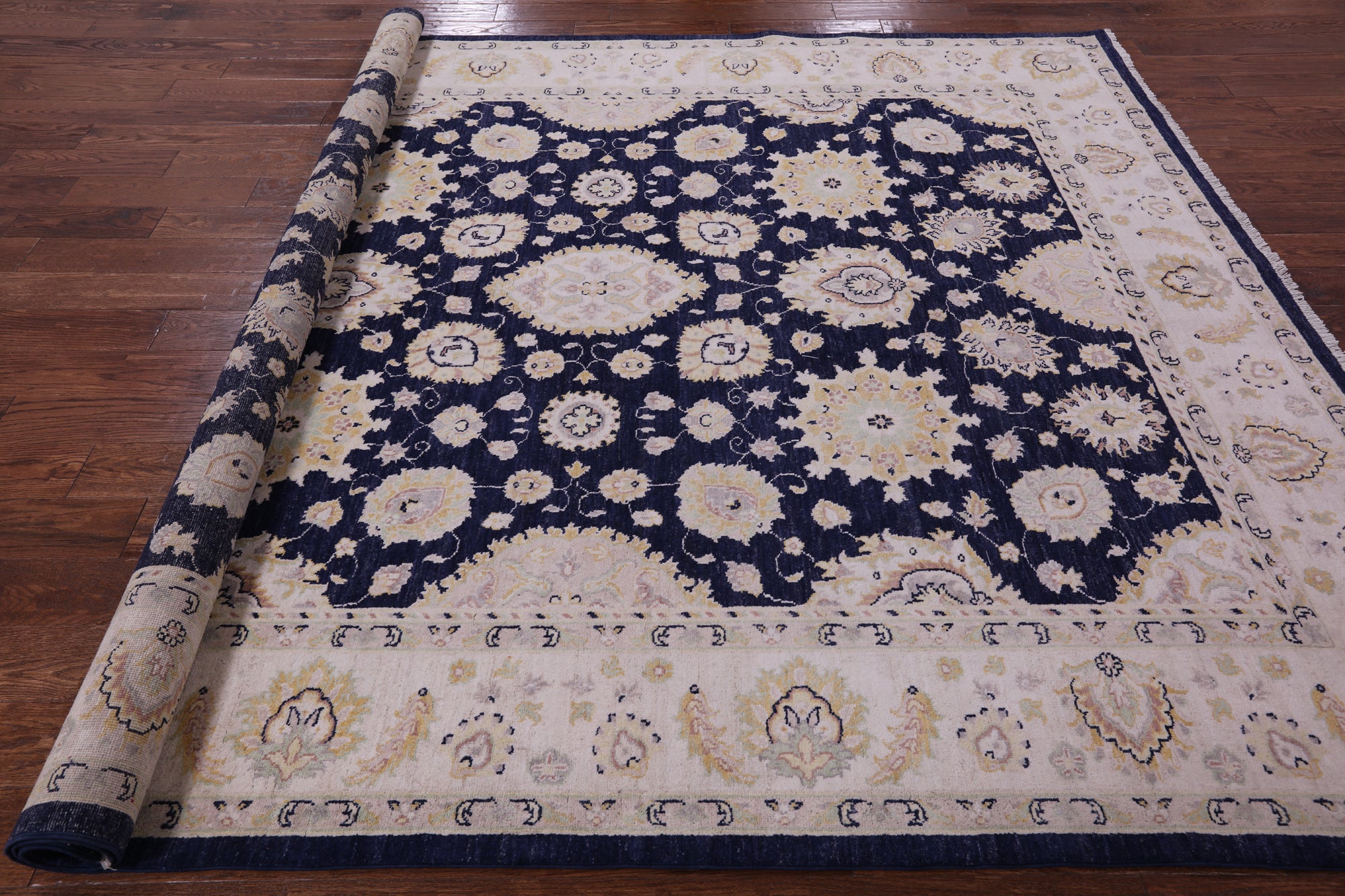 Blue Peshawar Hand Knotted Wool Rug - 7' 11" X 9' 9" - Golden Nile