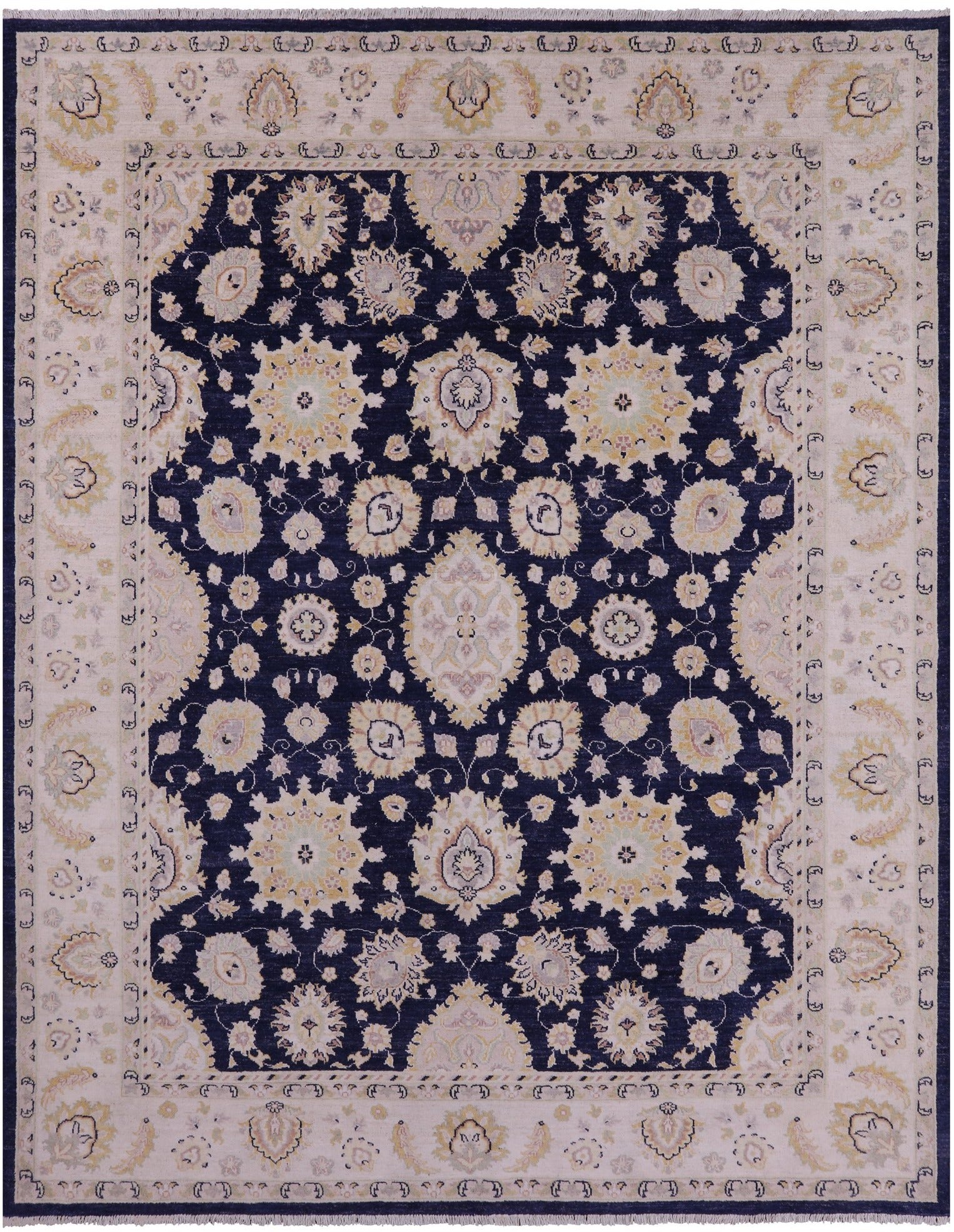 Blue Peshawar Hand Knotted Wool Rug - 7' 11" X 9' 9" - Golden Nile