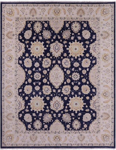 Blue Peshawar Hand Knotted Wool Rug - 7' 11" X 9' 9" - Golden Nile