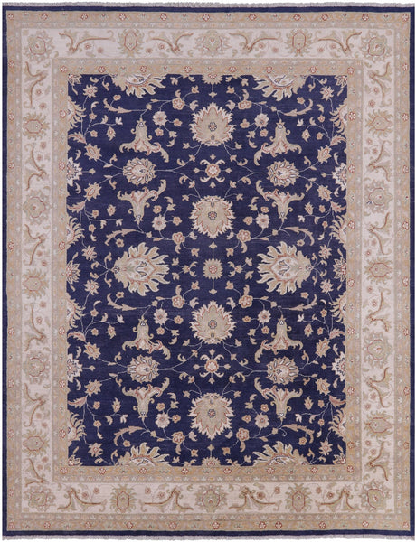 Blue Peshawar Hand Knotted Wool Rug - 7' 11" X 9' 11" - Golden Nile