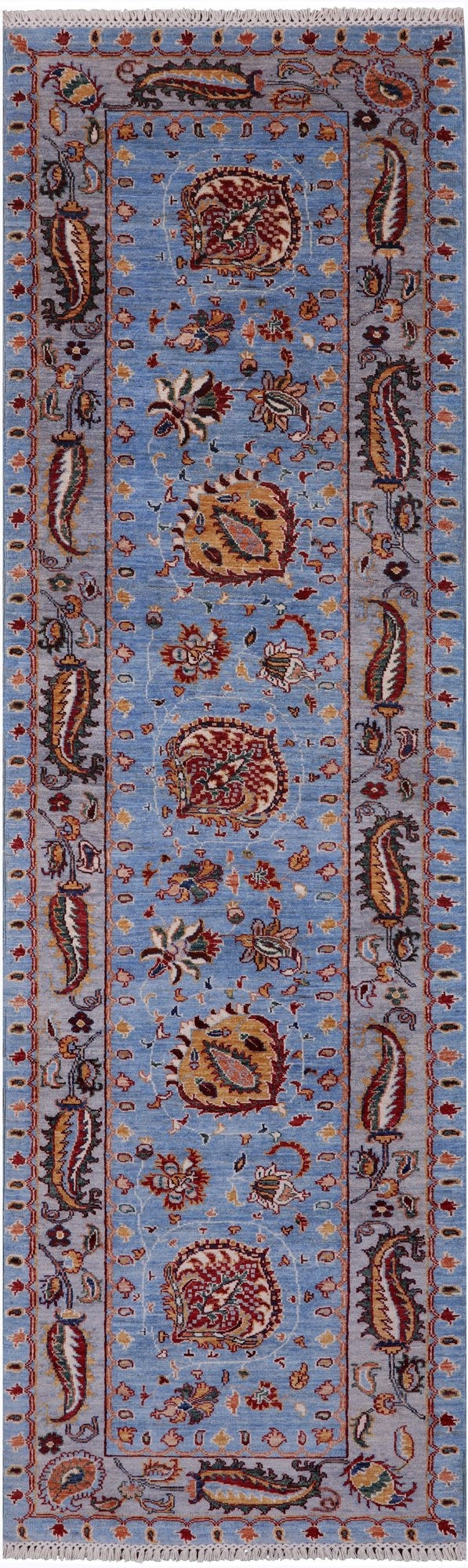 Blue Persian Tabriz Hand Knotted Wool Runner Rug - 2' 8" X 9' 10" - Golden Nile