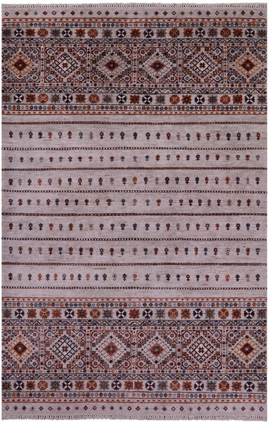 Ivory Khorjin Persian Gabbeh Hand Knotted Wool Rug - 5' 9" X 8' 6" - Golden Nile