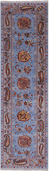 Blue Peshawar Hand Knotted Wool Runner Rug - 2' 10" X 9' 10" - Golden Nile
