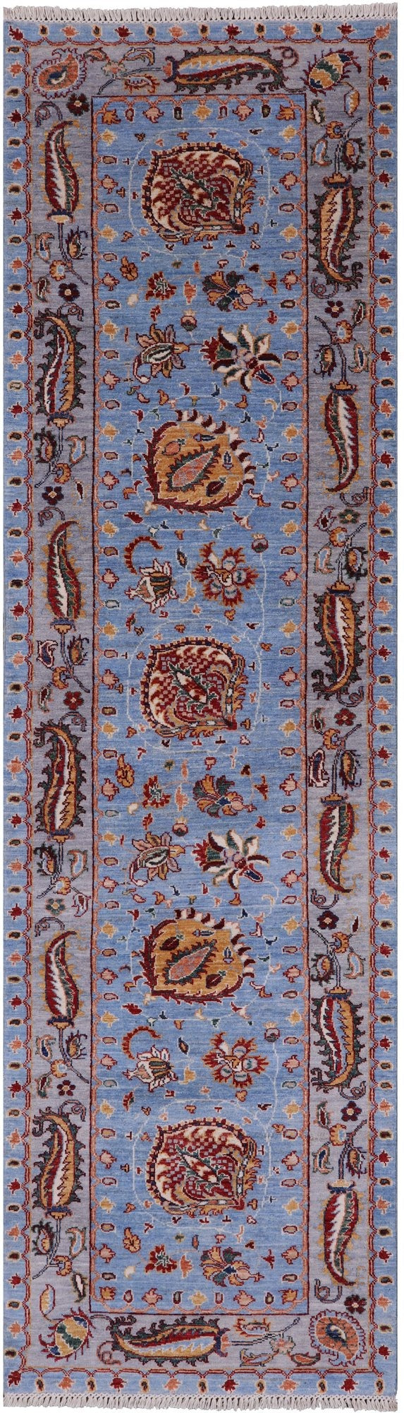 Blue Peshawar Hand Knotted Wool Runner Rug - 2' 10" X 9' 10" - Golden Nile