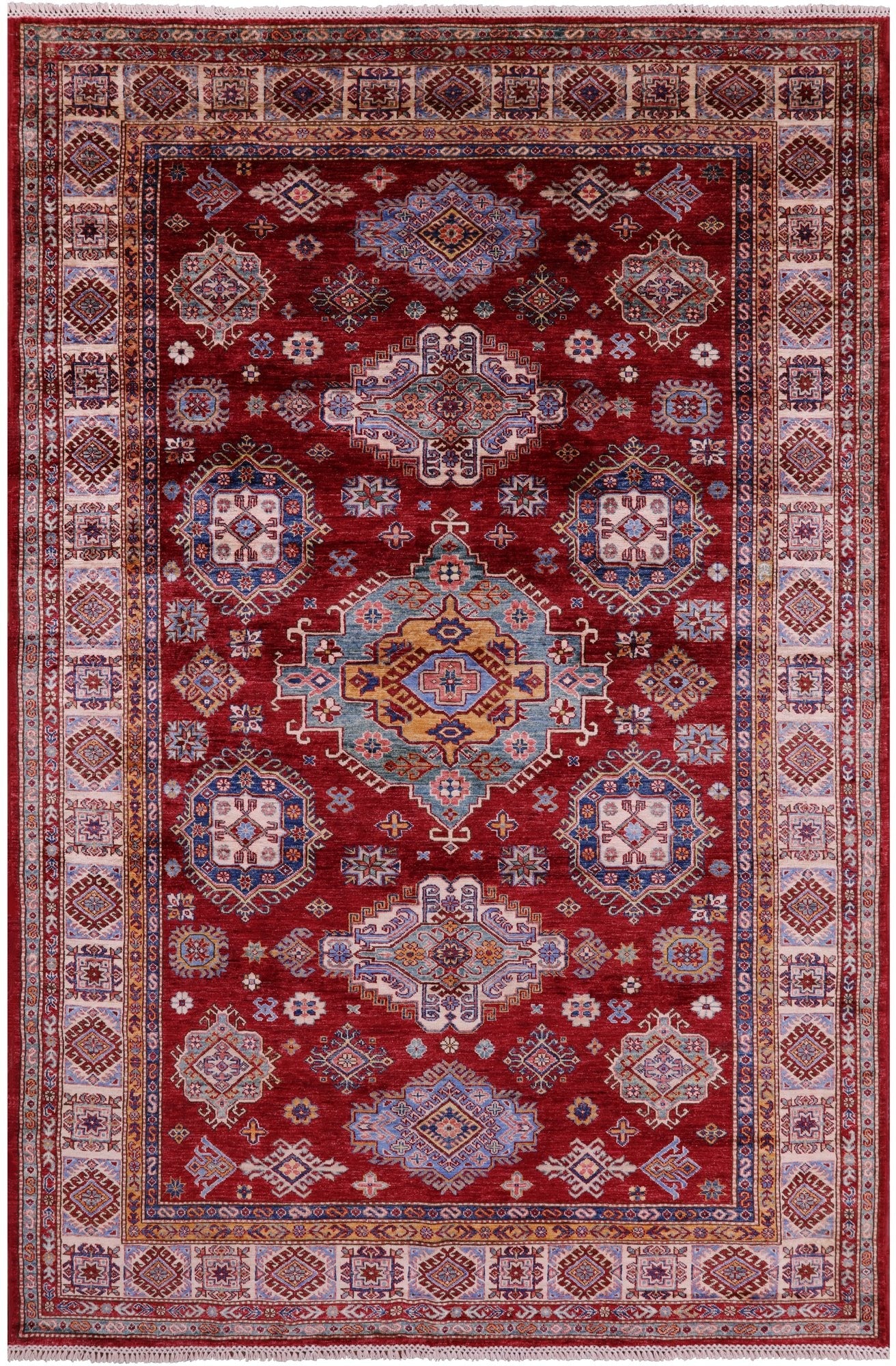 Red Super Kazak Hand Knotted Wool Rug - 6' 6" X 9' 8" - Golden Nile