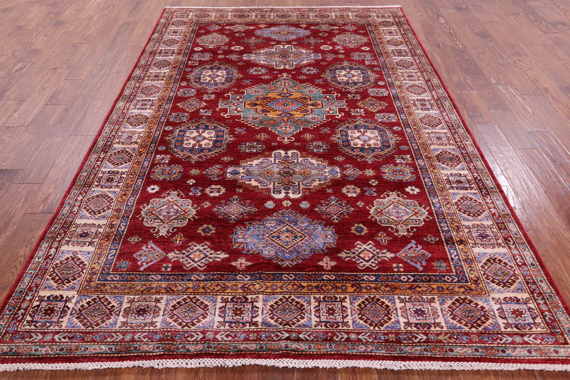 Red Super Kazak Hand Knotted Wool Rug - 6' 6" X 9' 8" - Golden Nile