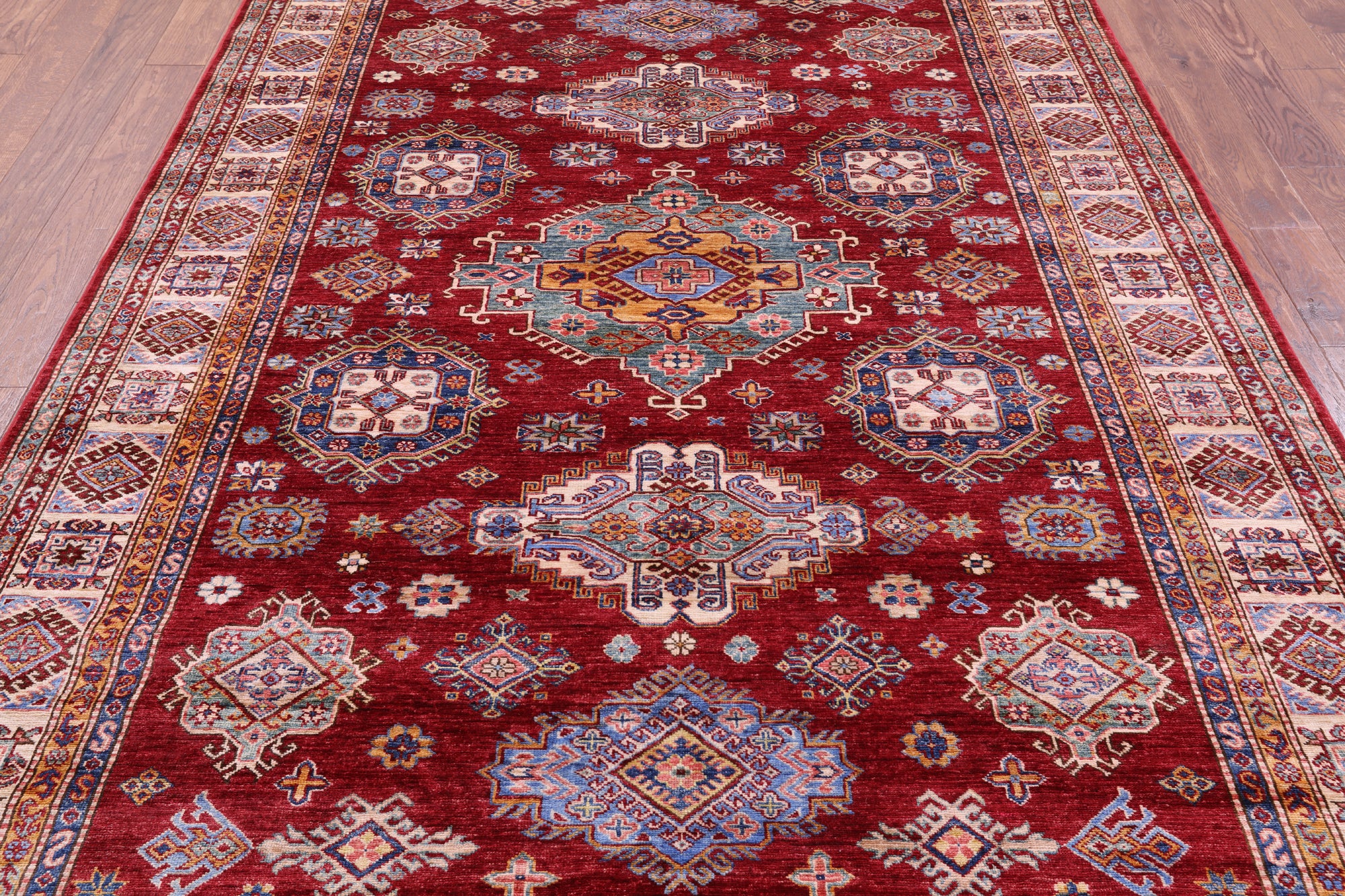 Red Super Kazak Hand Knotted Wool Rug - 6' 6" X 9' 8" - Golden Nile