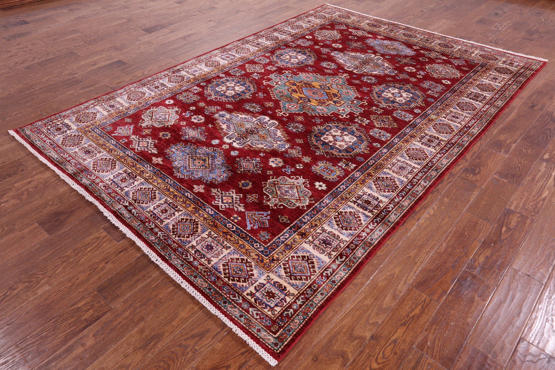 Red Super Kazak Hand Knotted Wool Rug - 6' 6" X 9' 8" - Golden Nile
