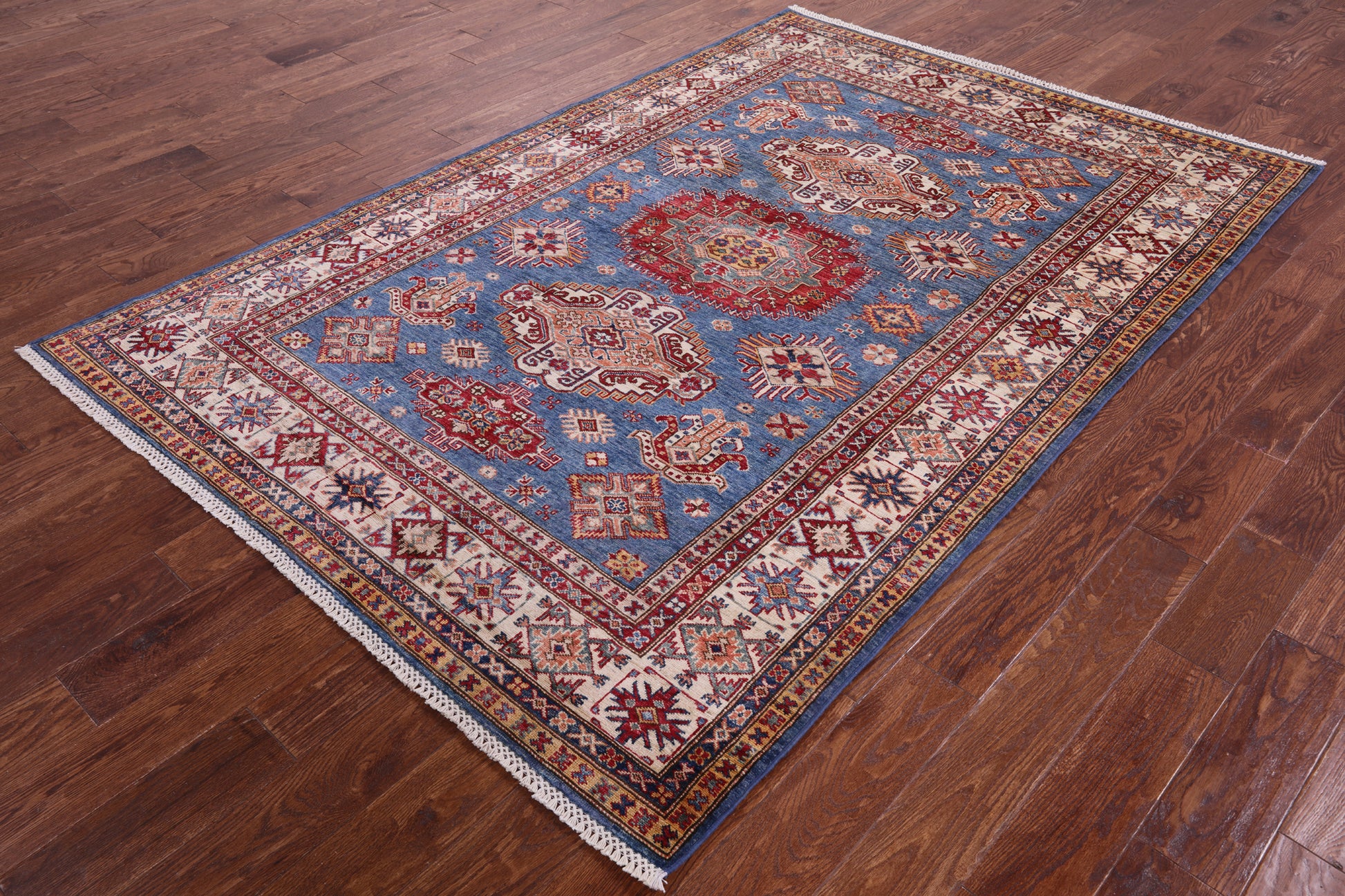 Blue Super Kazak Hand Knotted Wool Rug - 5' 6" X 8' 2" - Golden Nile