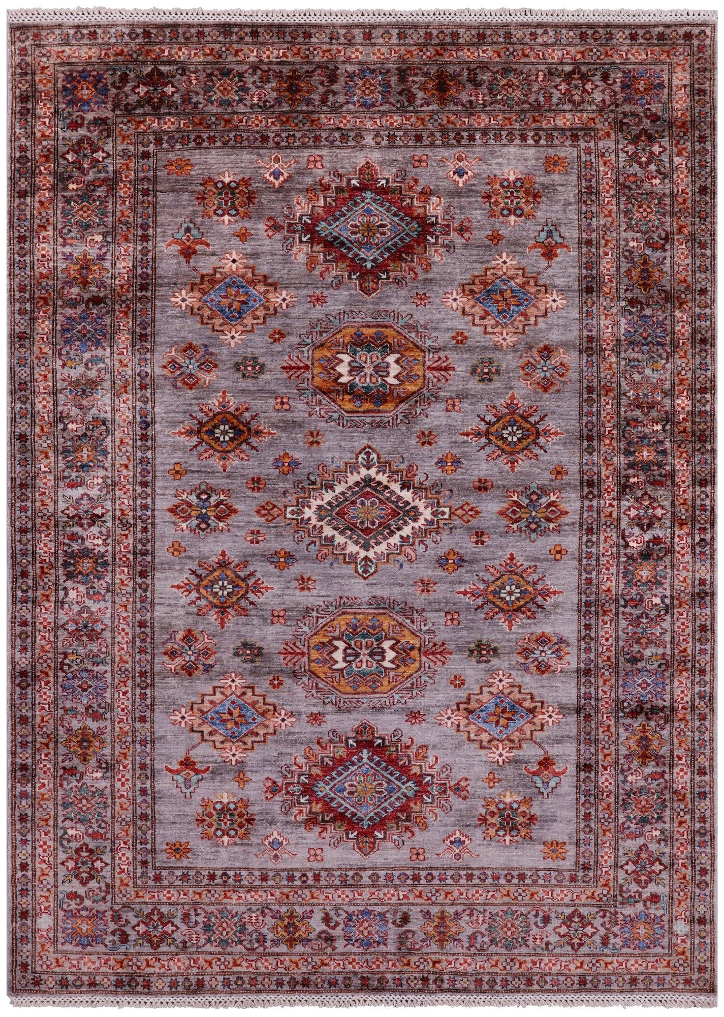 Grey Super Kazak Hand Knotted Wool Rug - 5' 8" X 7' 10" - Golden Nile
