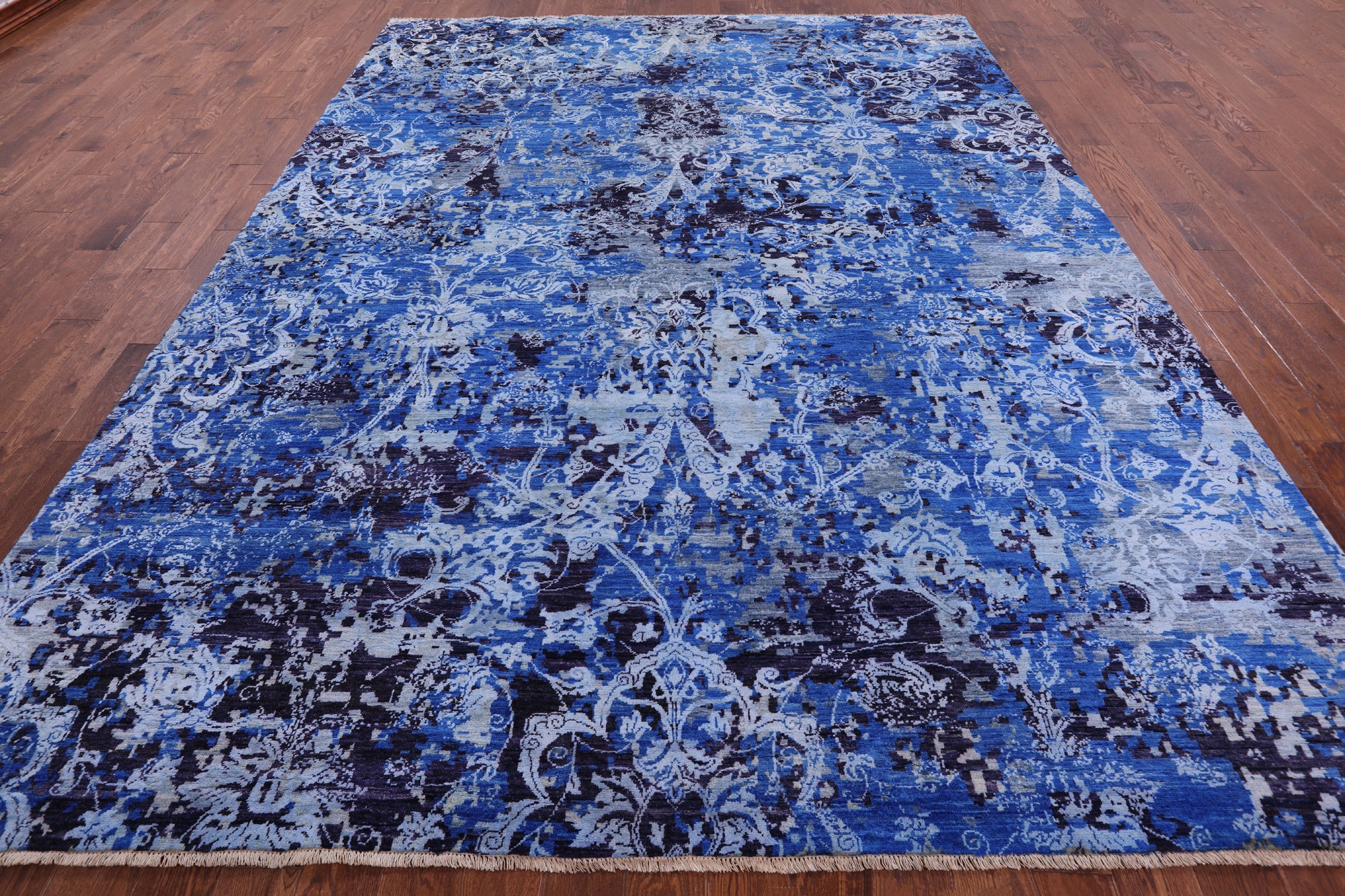 Blue Abstract Modern Hand Knotted Wool & Silk Rug - 9' 1" X 12' 1" - Golden Nile