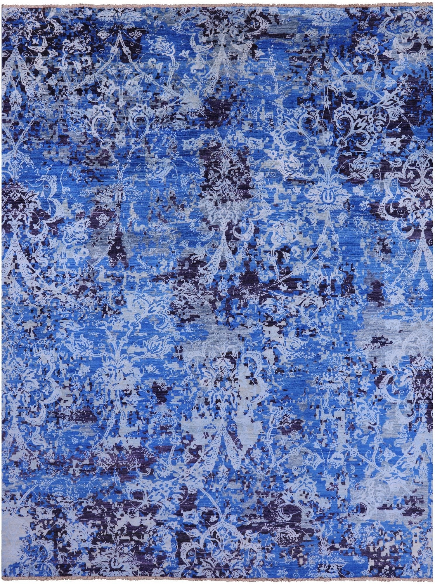 Blue Abstract Modern Hand Knotted Wool & Silk Rug - 9' 1" X 12' 1" - Golden Nile
