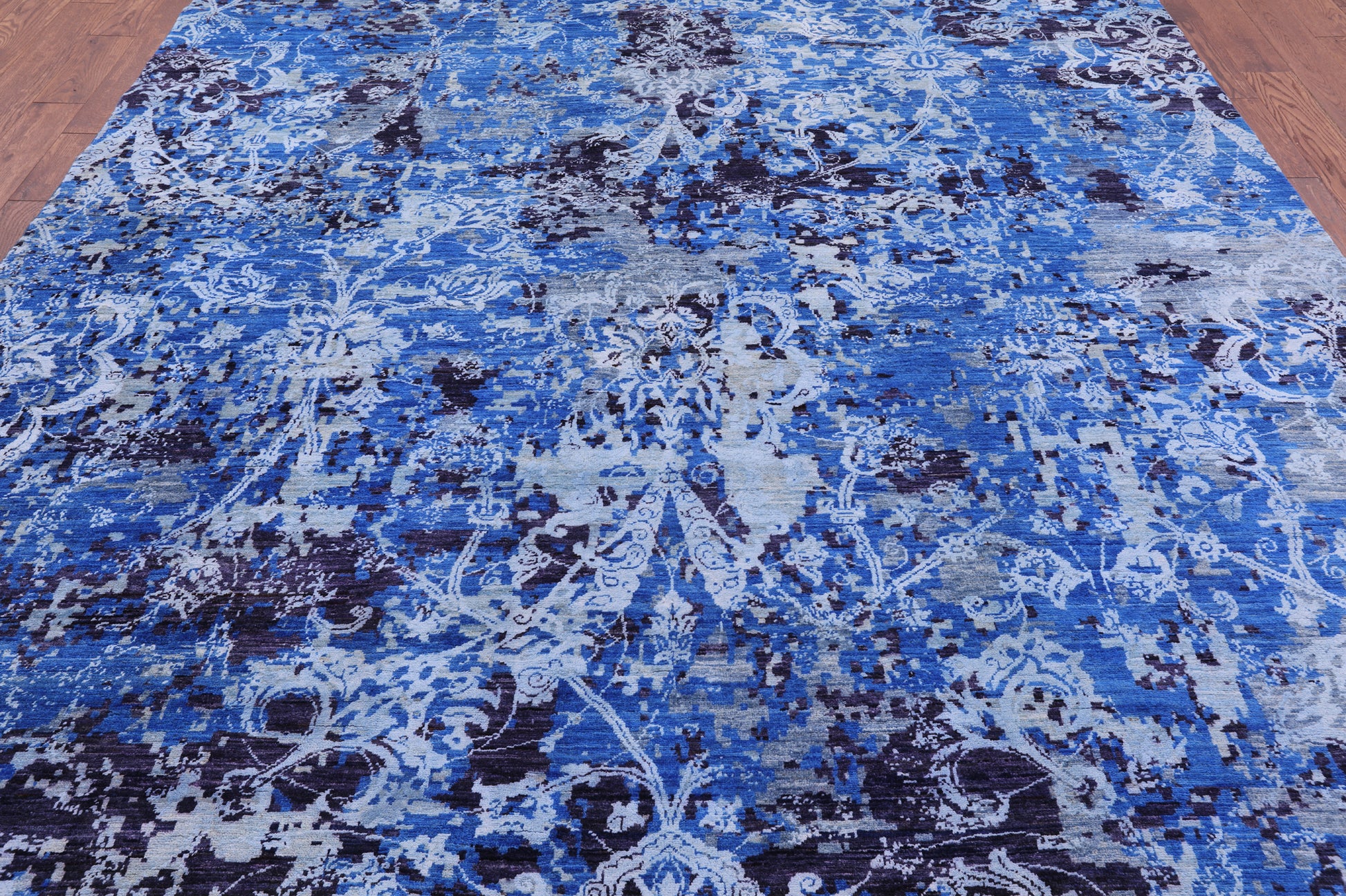 Blue Abstract Modern Hand Knotted Wool & Silk Rug - 9' 1" X 12' 1" - Golden Nile