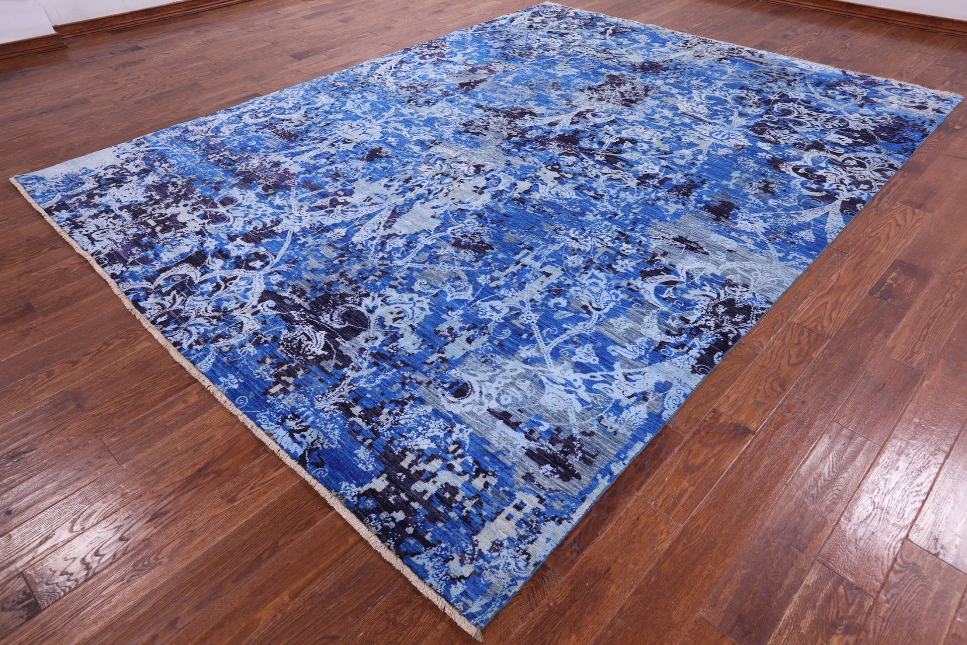 Blue Abstract Modern Hand Knotted Wool & Silk Rug - 9' 1" X 12' 1" - Golden Nile