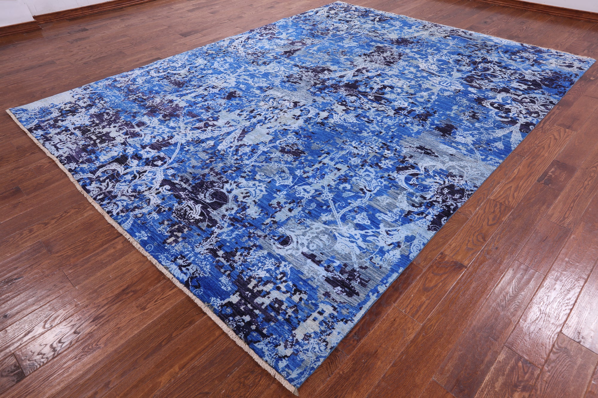 Blue Abstract Modern Hand Knotted Wool & Silk Rug - 9' 1" X 12' 1" - Golden Nile