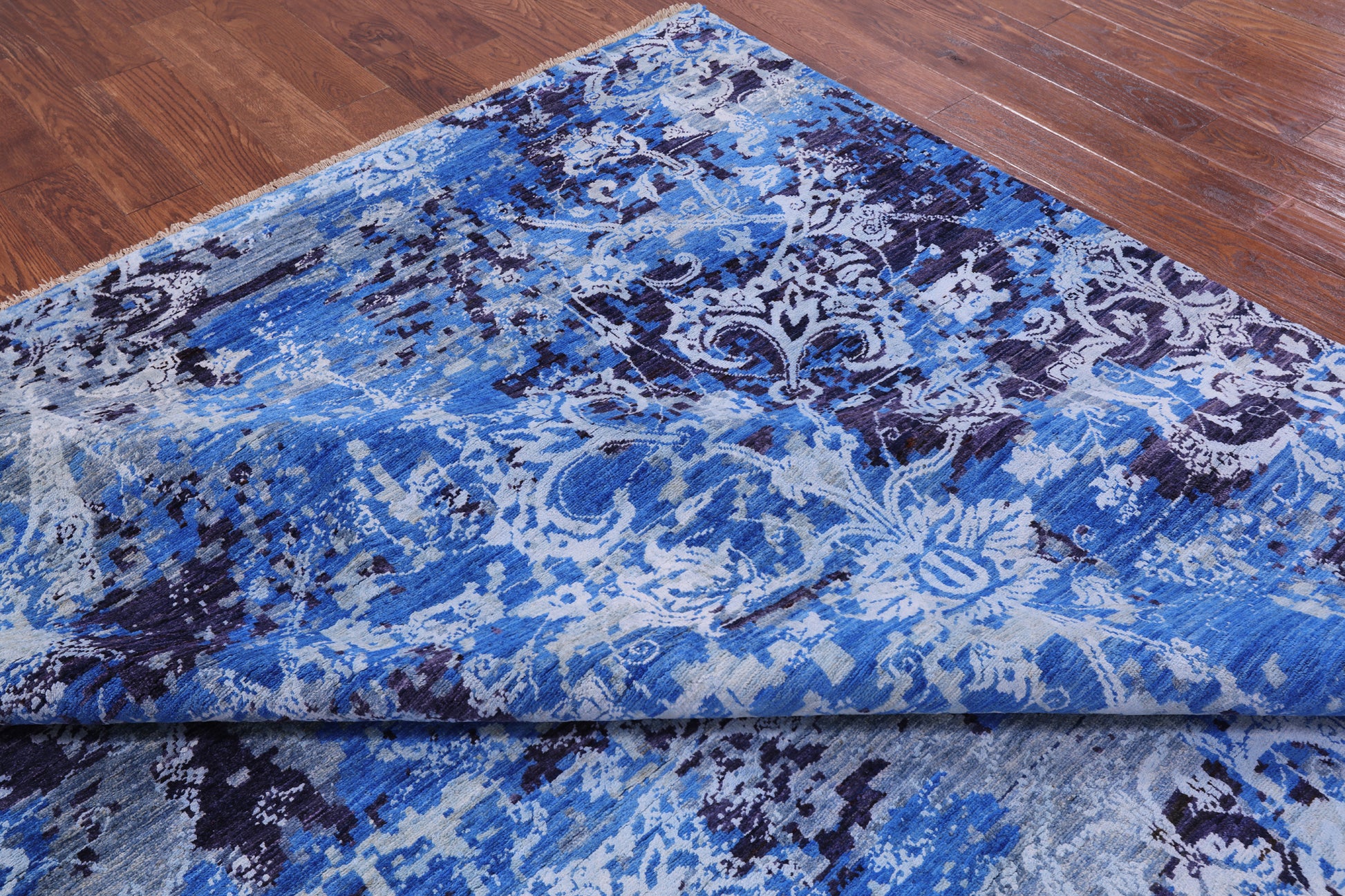 Blue Abstract Modern Hand Knotted Wool & Silk Rug - 9' 1" X 12' 1" - Golden Nile
