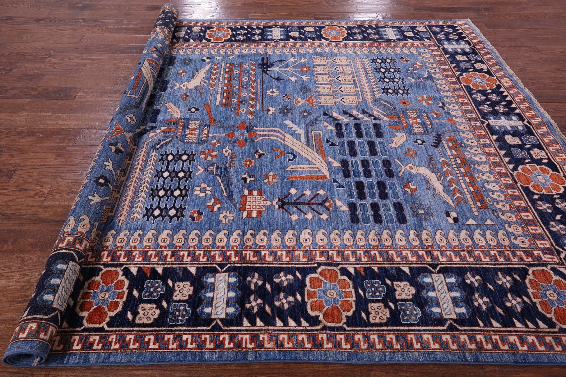Blue Persian Fine Serapi Hand Knotted Wool Rug - 8' 0" X 9' 11" - Golden Nile