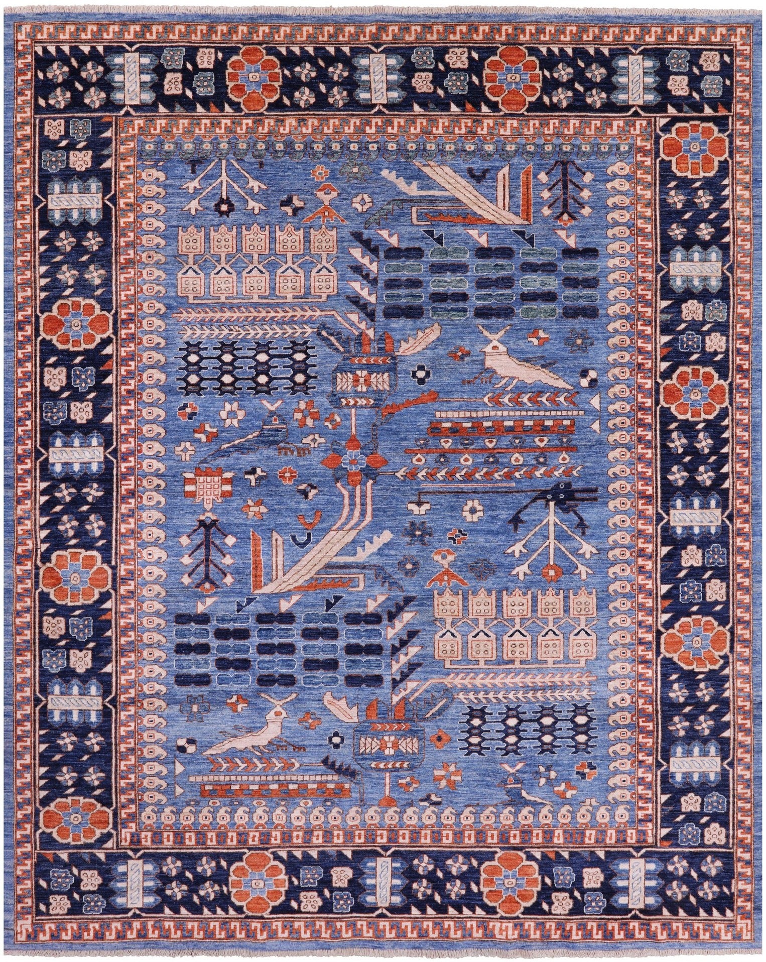 Blue Persian Fine Serapi Hand Knotted Wool Rug - 8' 0" X 9' 11" - Golden Nile