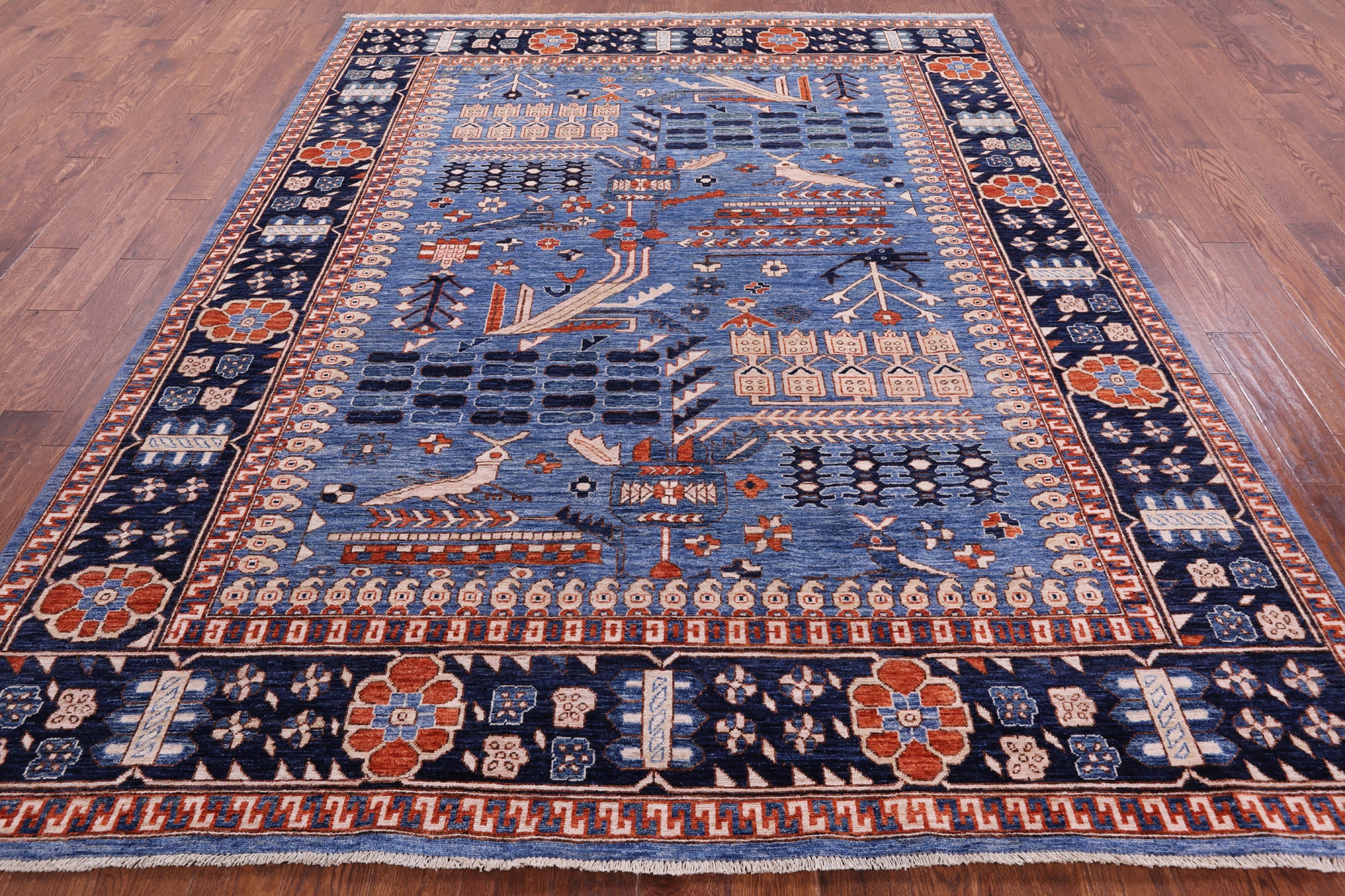 Blue Persian Fine Serapi Hand Knotted Wool Rug - 8' 0" X 9' 11" - Golden Nile