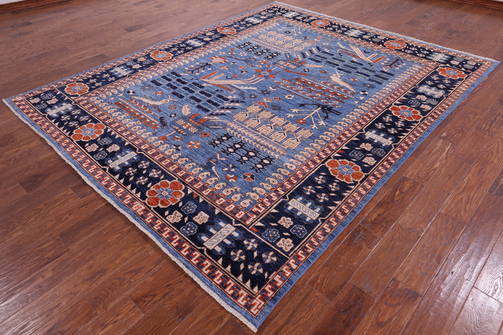 Blue Persian Fine Serapi Hand Knotted Wool Rug - 8' 0" X 9' 11" - Golden Nile