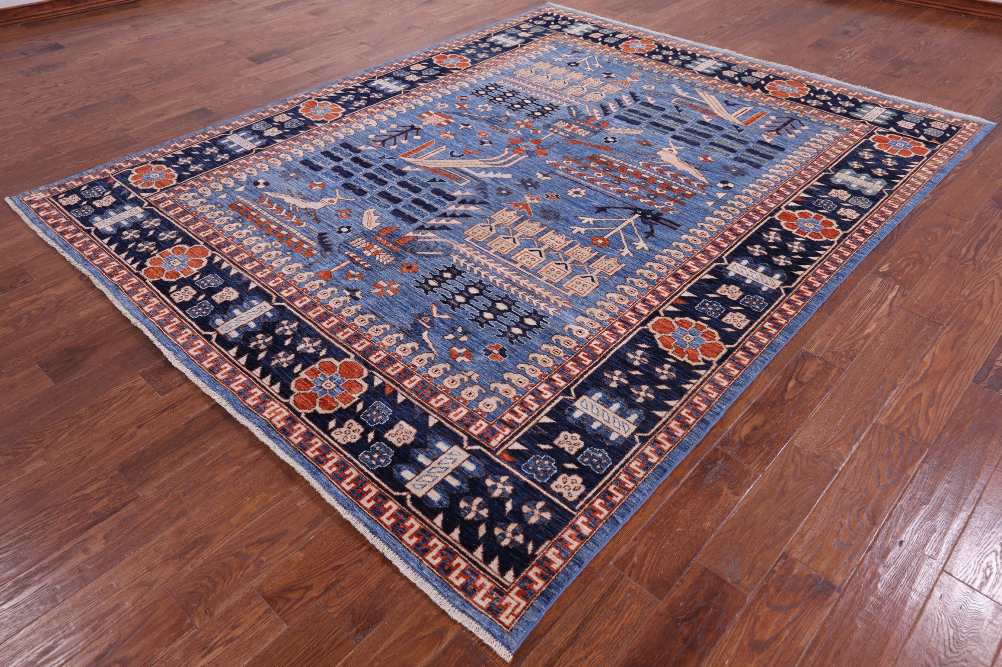 Blue Persian Fine Serapi Hand Knotted Wool Rug - 8' 0" X 9' 11" - Golden Nile