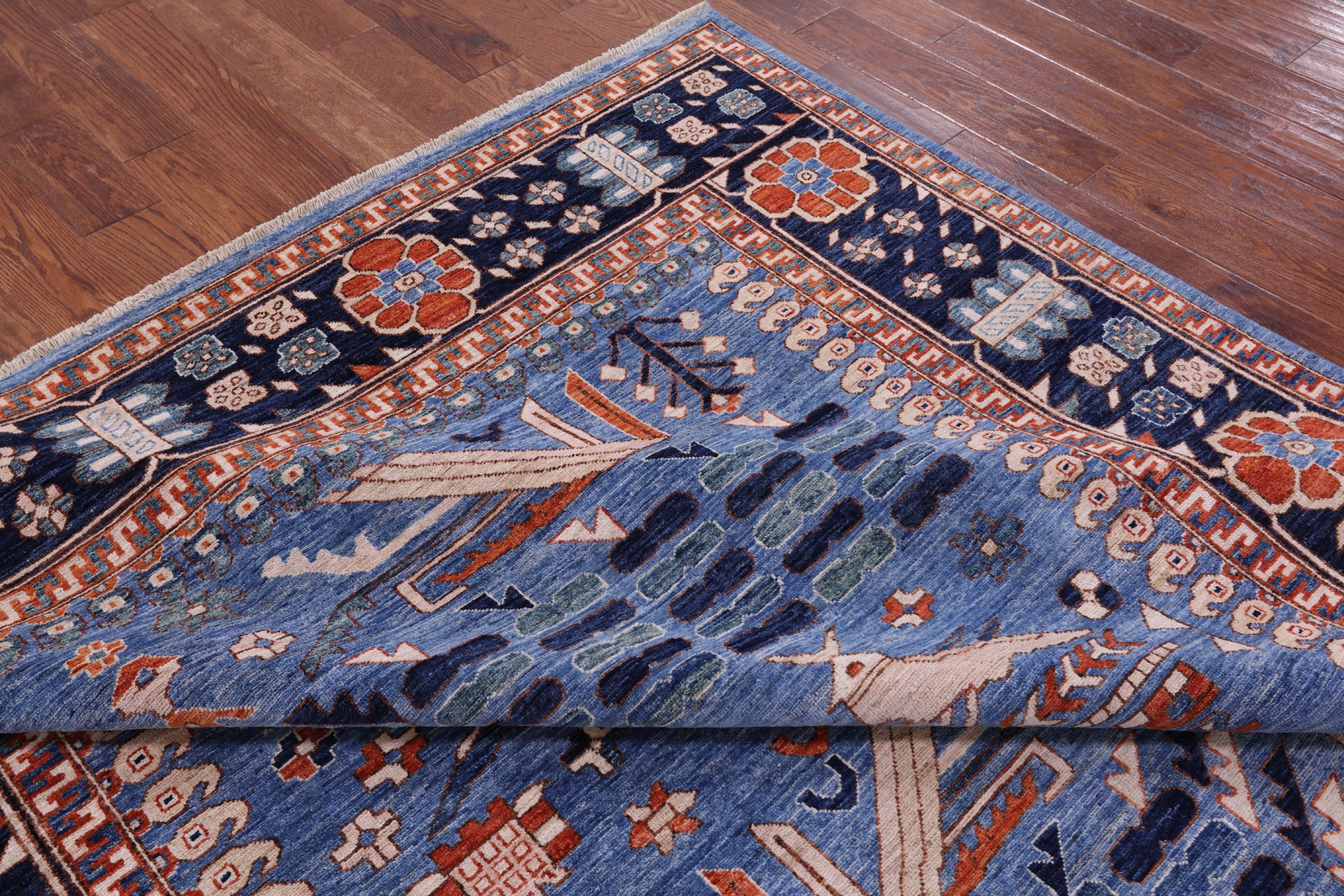 Blue Persian Fine Serapi Hand Knotted Wool Rug - 8' 0" X 9' 11" - Golden Nile