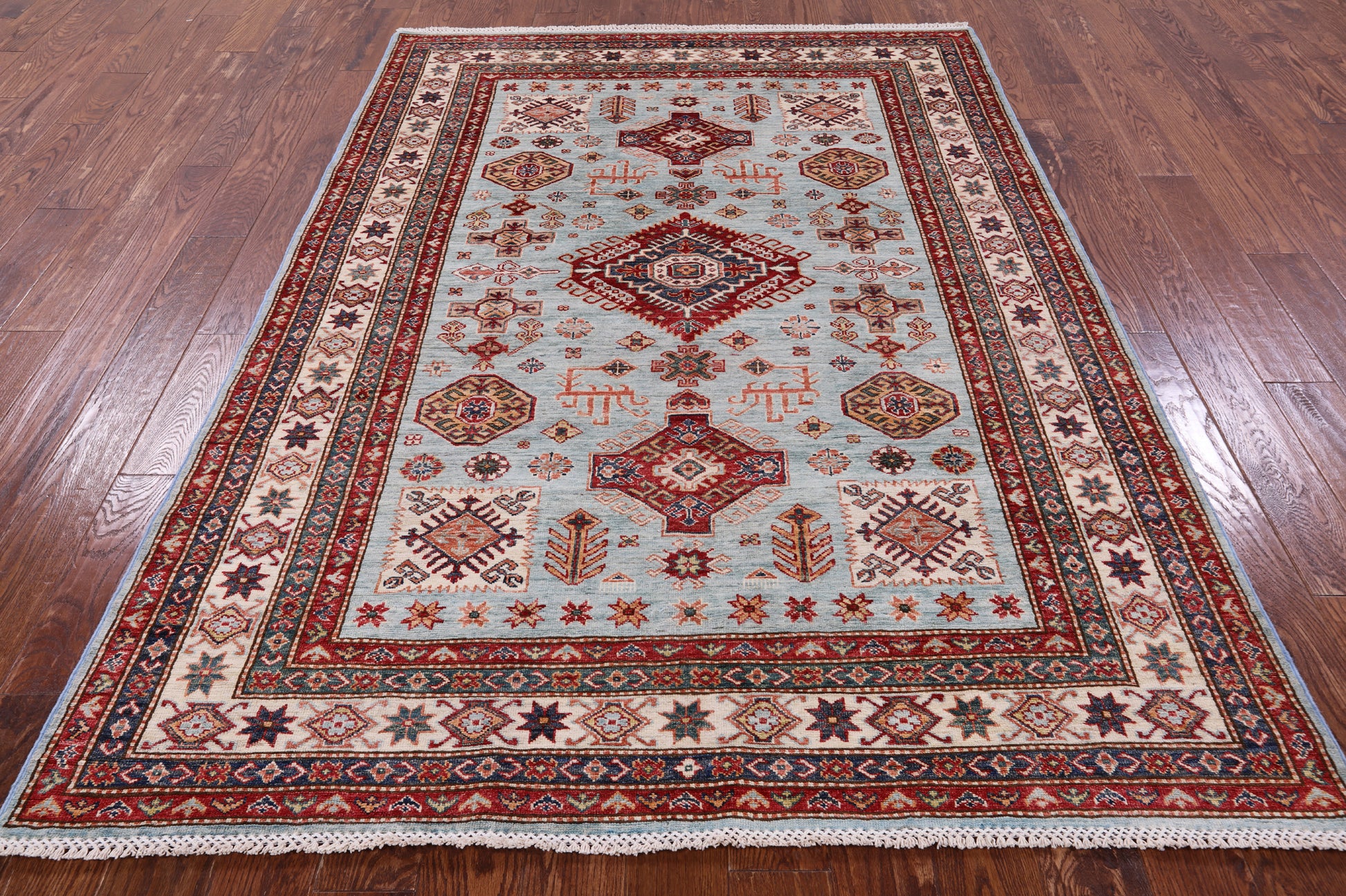 Blue Super Kazak Hand Knotted Wool Rug - 5' 8" X 8' 0" - Golden Nile