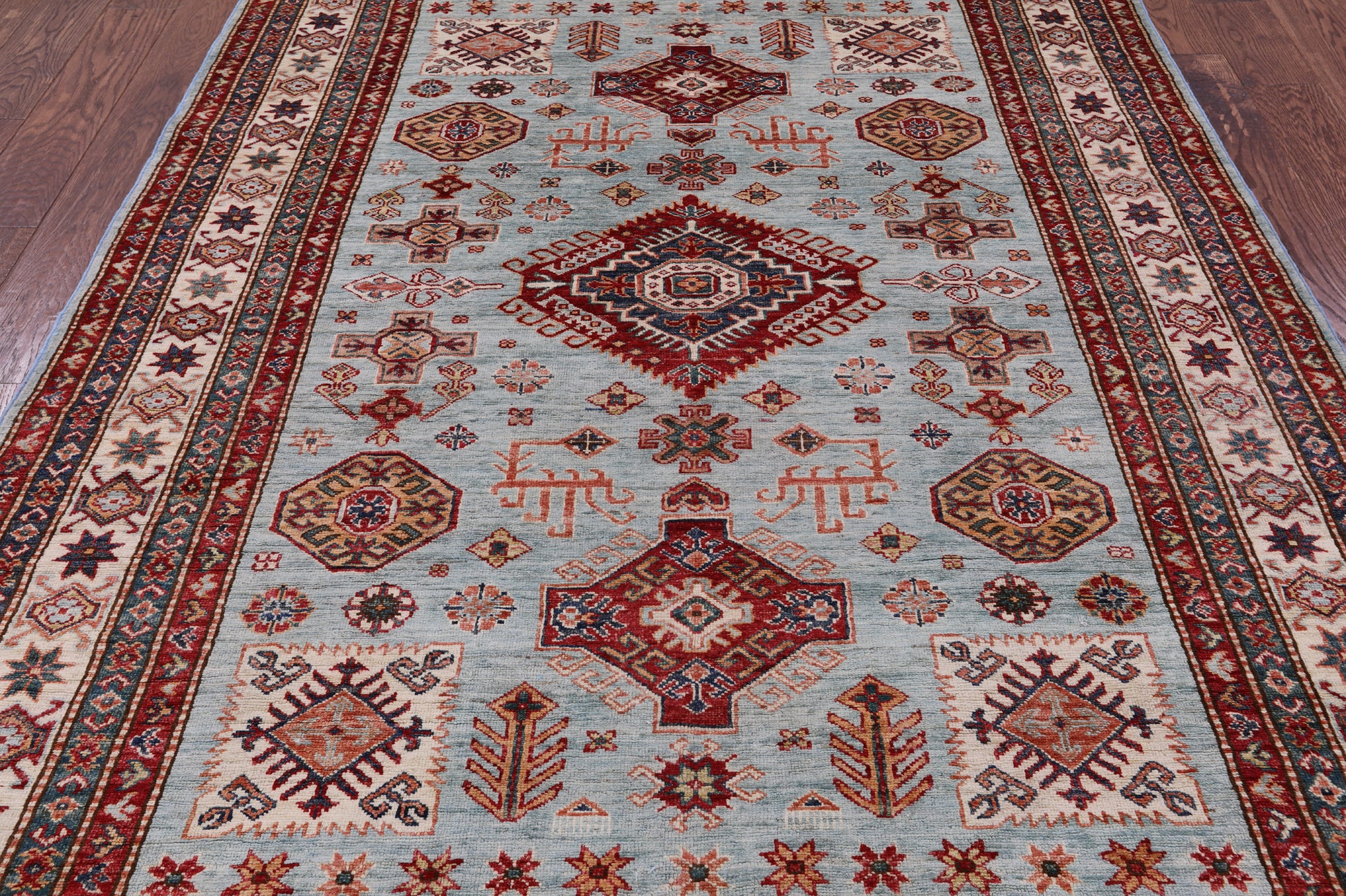 Blue Super Kazak Hand Knotted Wool Rug - 5' 8" X 8' 0" - Golden Nile