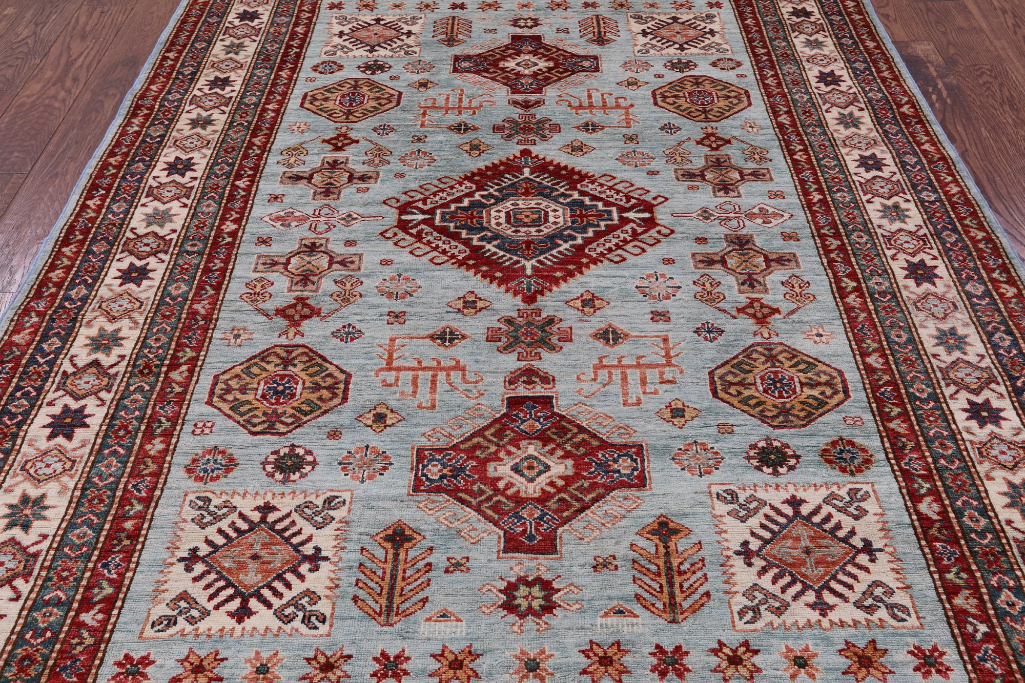 Blue Super Kazak Hand Knotted Wool Rug - 5' 8" X 8' 0" - Golden Nile