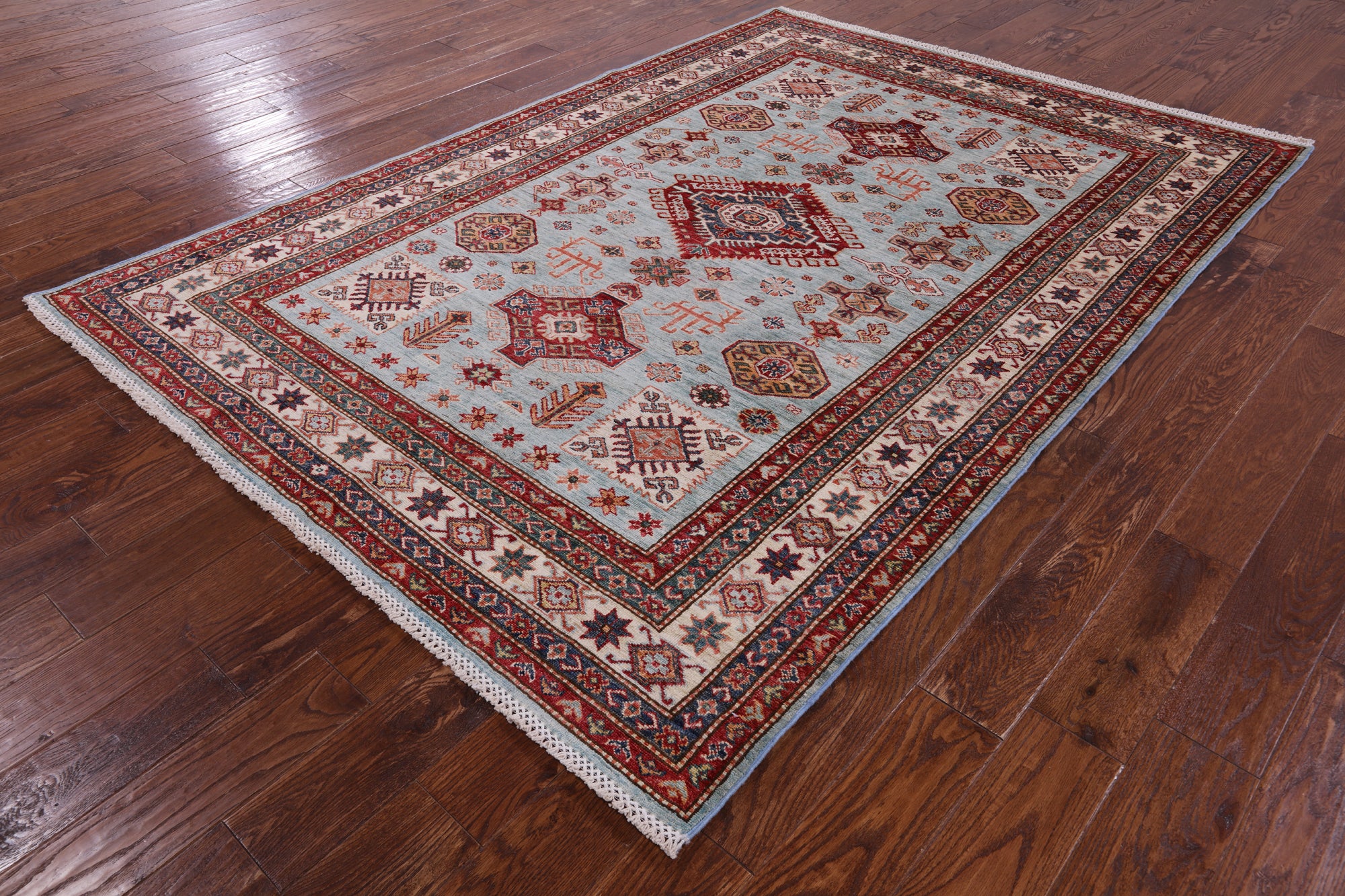 Blue Super Kazak Hand Knotted Wool Rug - 5' 8" X 8' 0" - Golden Nile