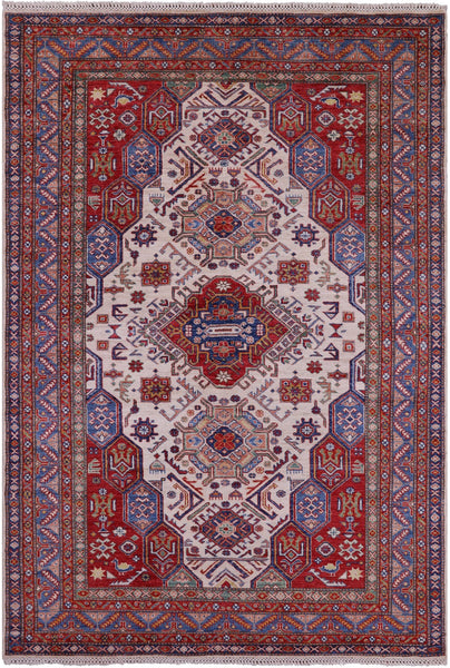 Ivory Super Kazak Handmade Wool Rug - 5' 9" X 8' 3" - Golden Nile