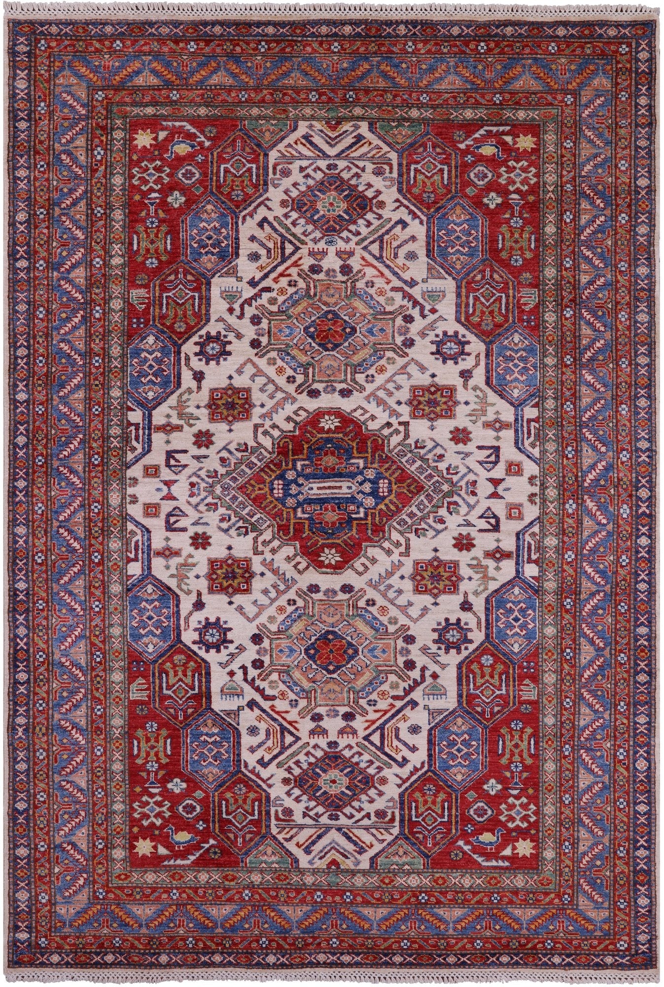 Ivory Super Kazak Handmade Wool Rug - 5' 9" X 8' 3" - Golden Nile