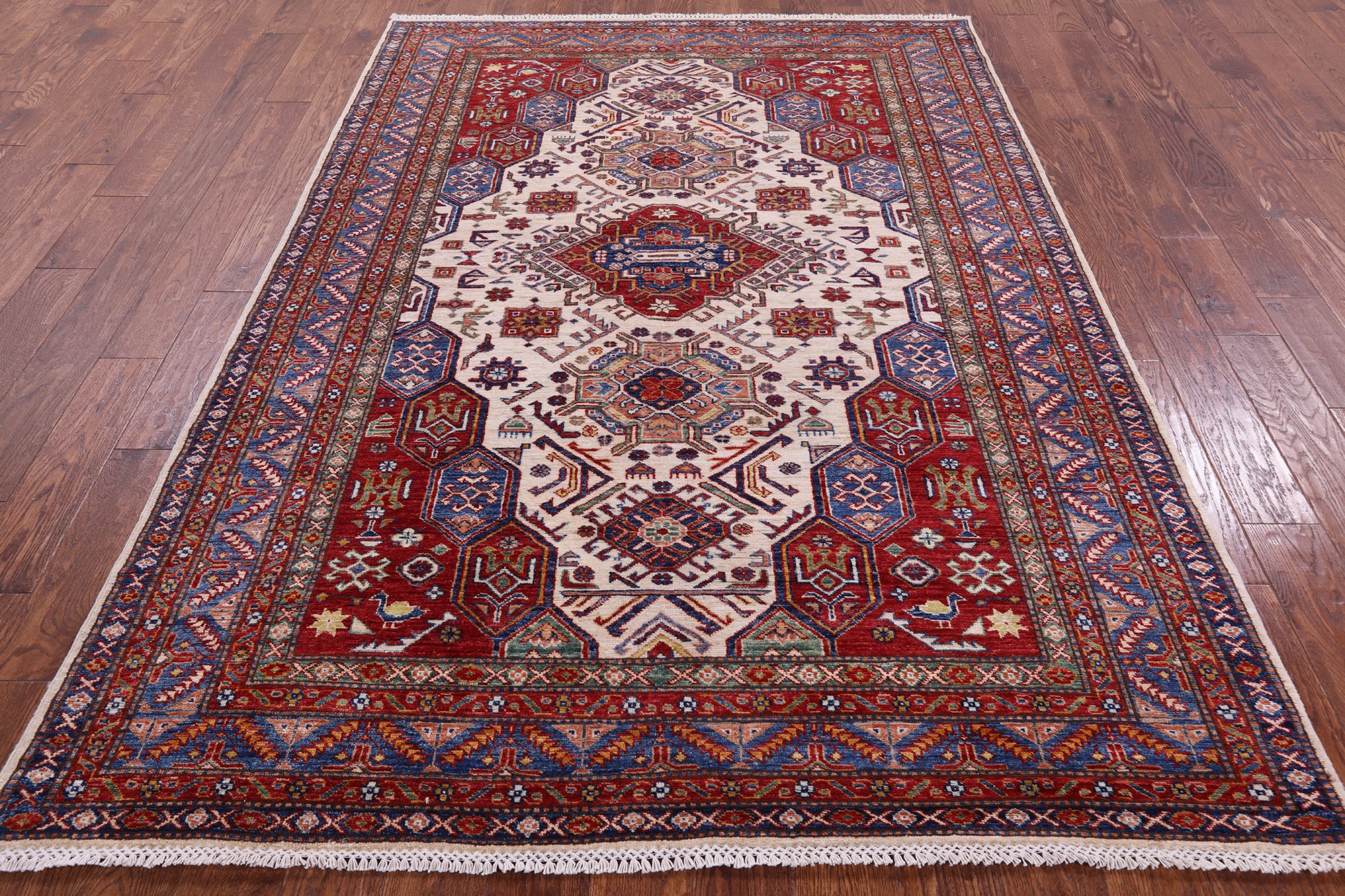 Ivory Super Kazak Handmade Wool Rug - 5' 9" X 8' 3" - Golden Nile