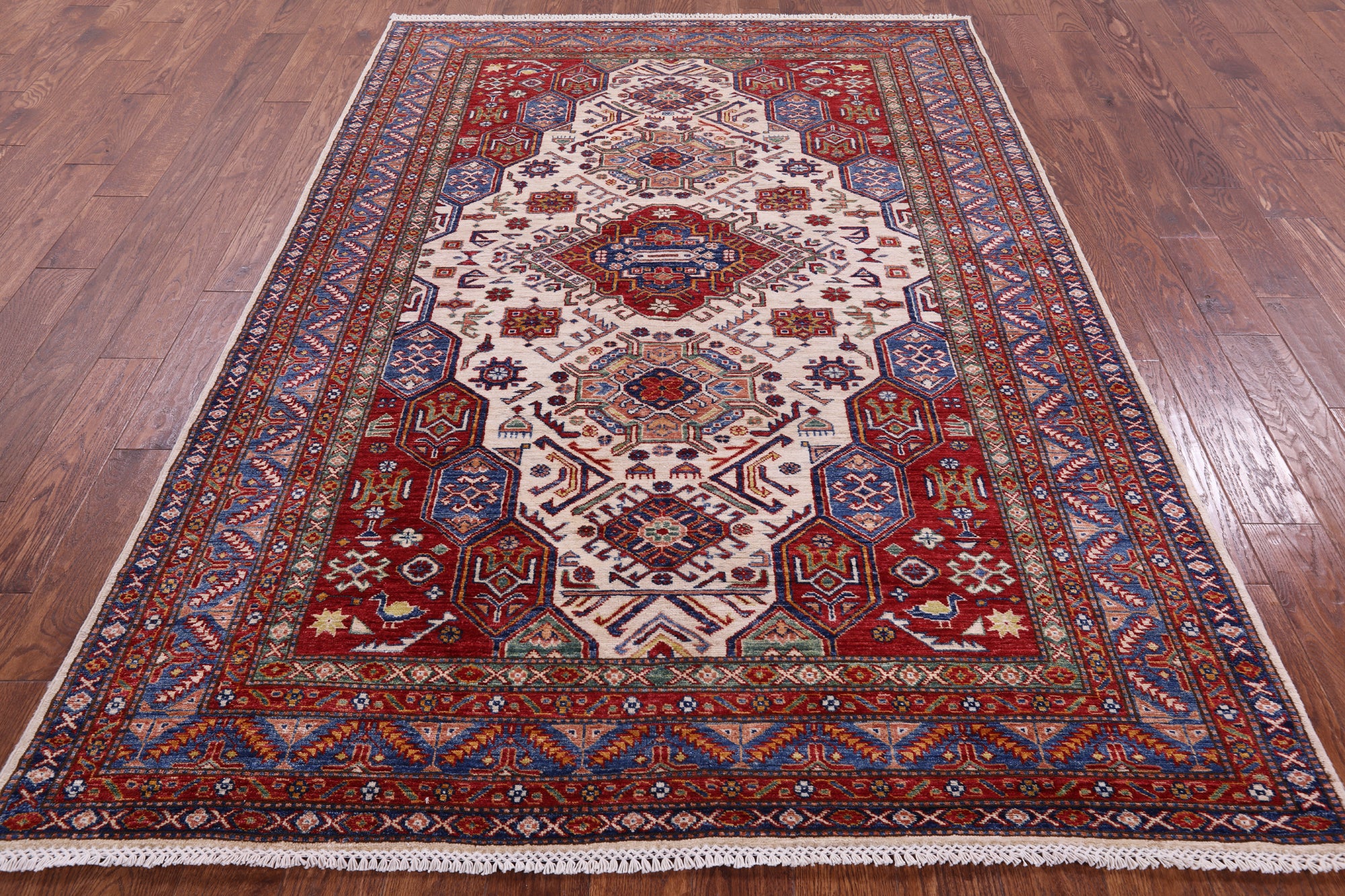 Ivory Super Kazak Handmade Wool Rug - 5' 9" X 8' 3" - Golden Nile