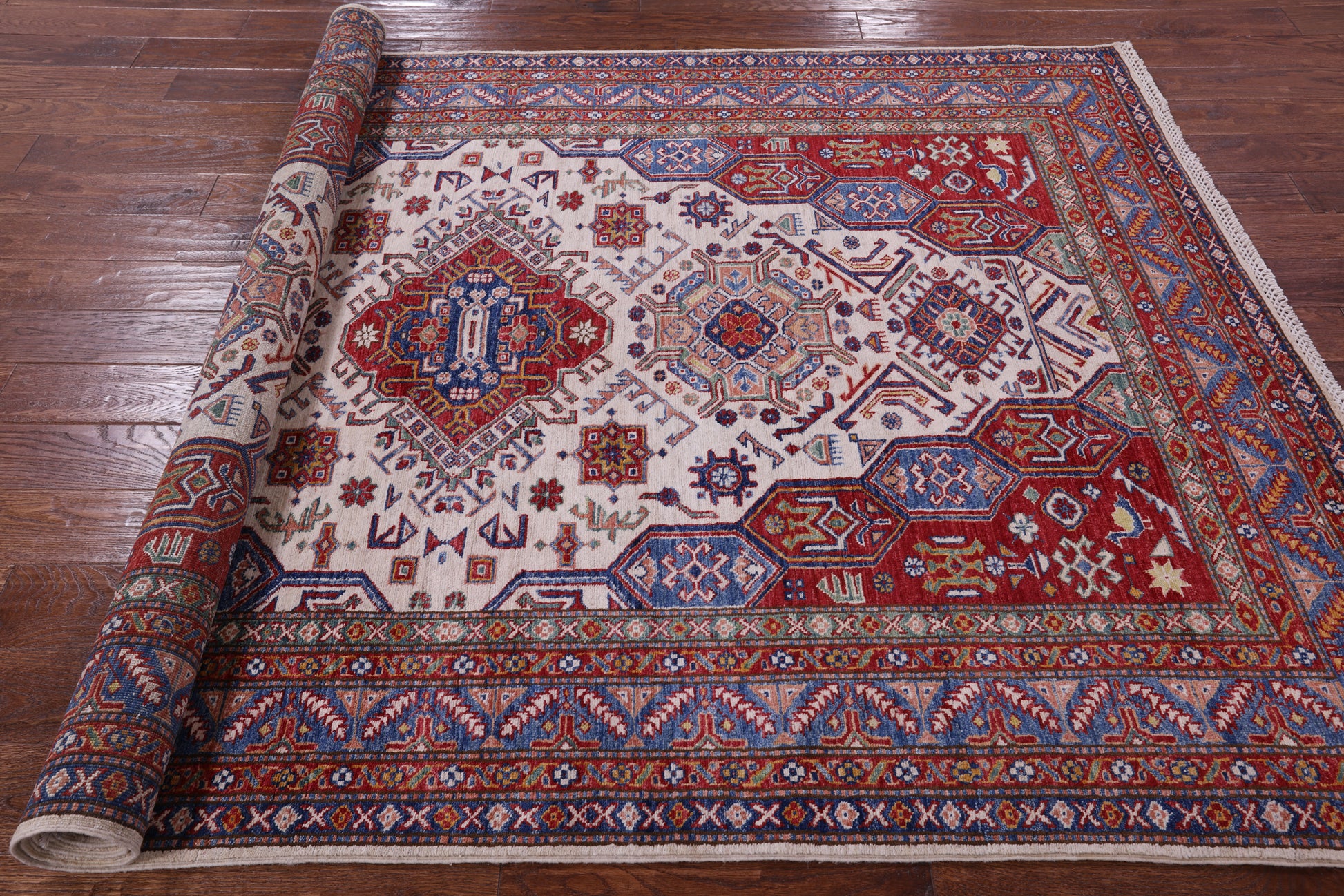 Ivory Super Kazak Handmade Wool Rug - 5' 9" X 8' 3" - Golden Nile