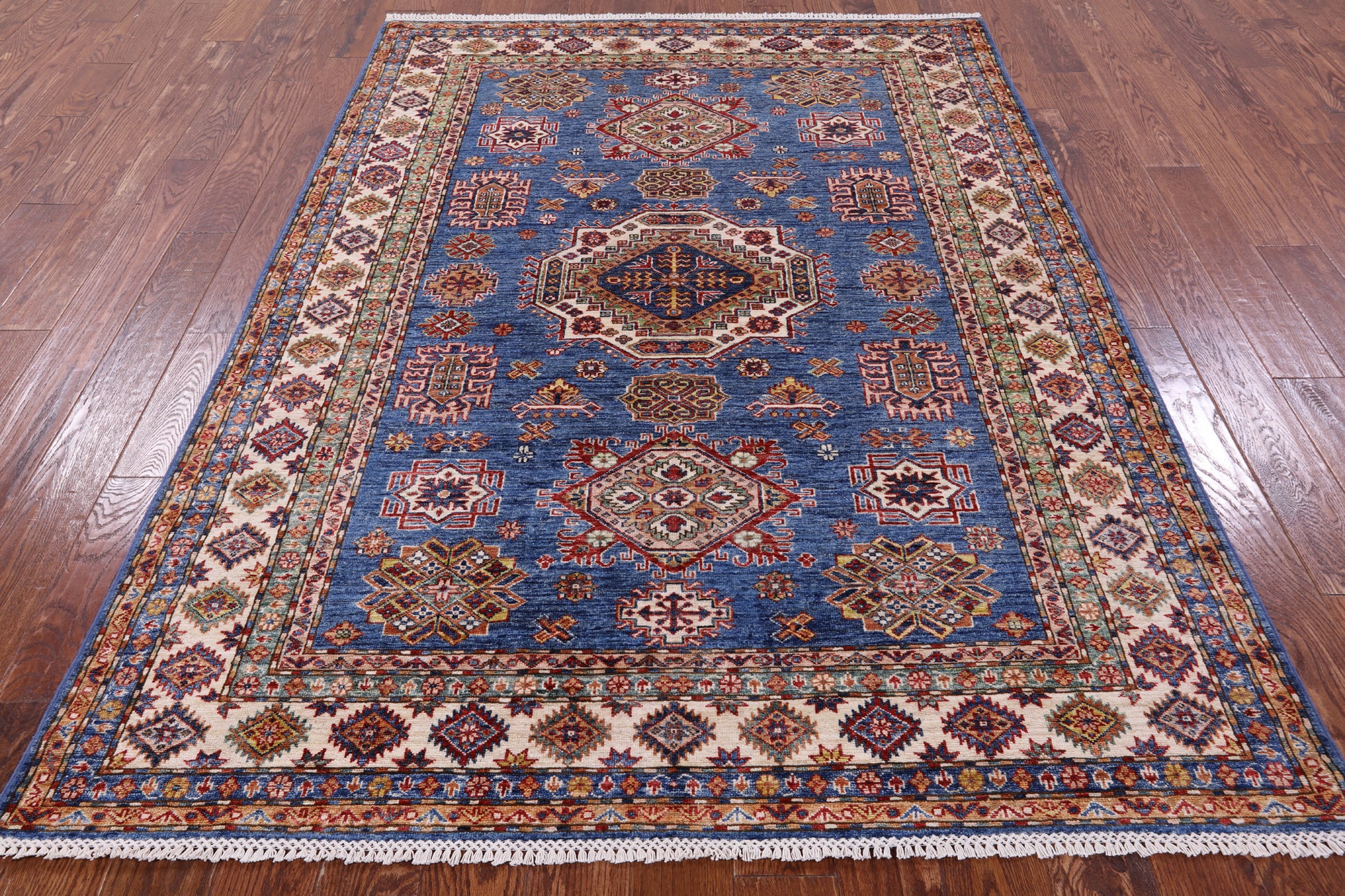 Blue Super Kazak Hand Knotted Wool Rug - 5' 8" X 7' 10" - Golden Nile