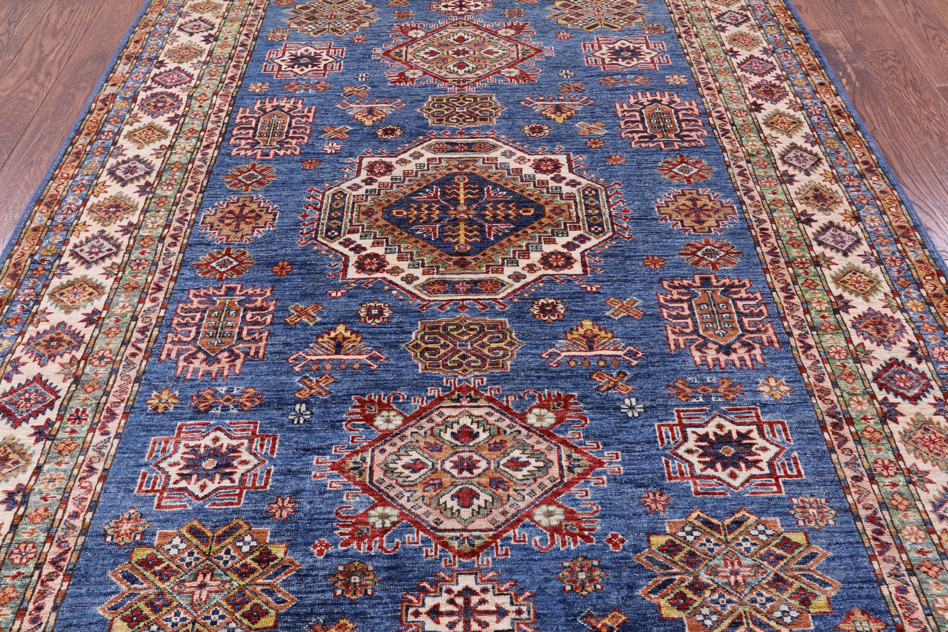 Blue Super Kazak Hand Knotted Wool Rug - 5' 8" X 7' 10" - Golden Nile