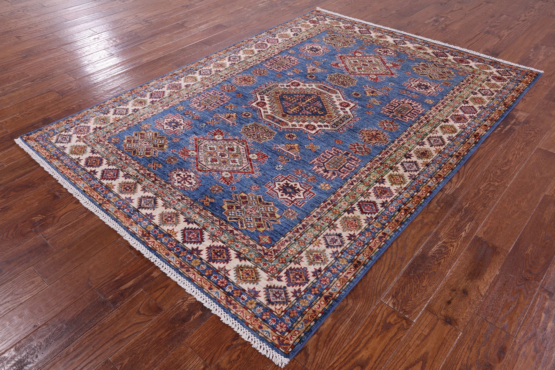Blue Super Kazak Hand Knotted Wool Rug - 5' 8" X 7' 10" - Golden Nile