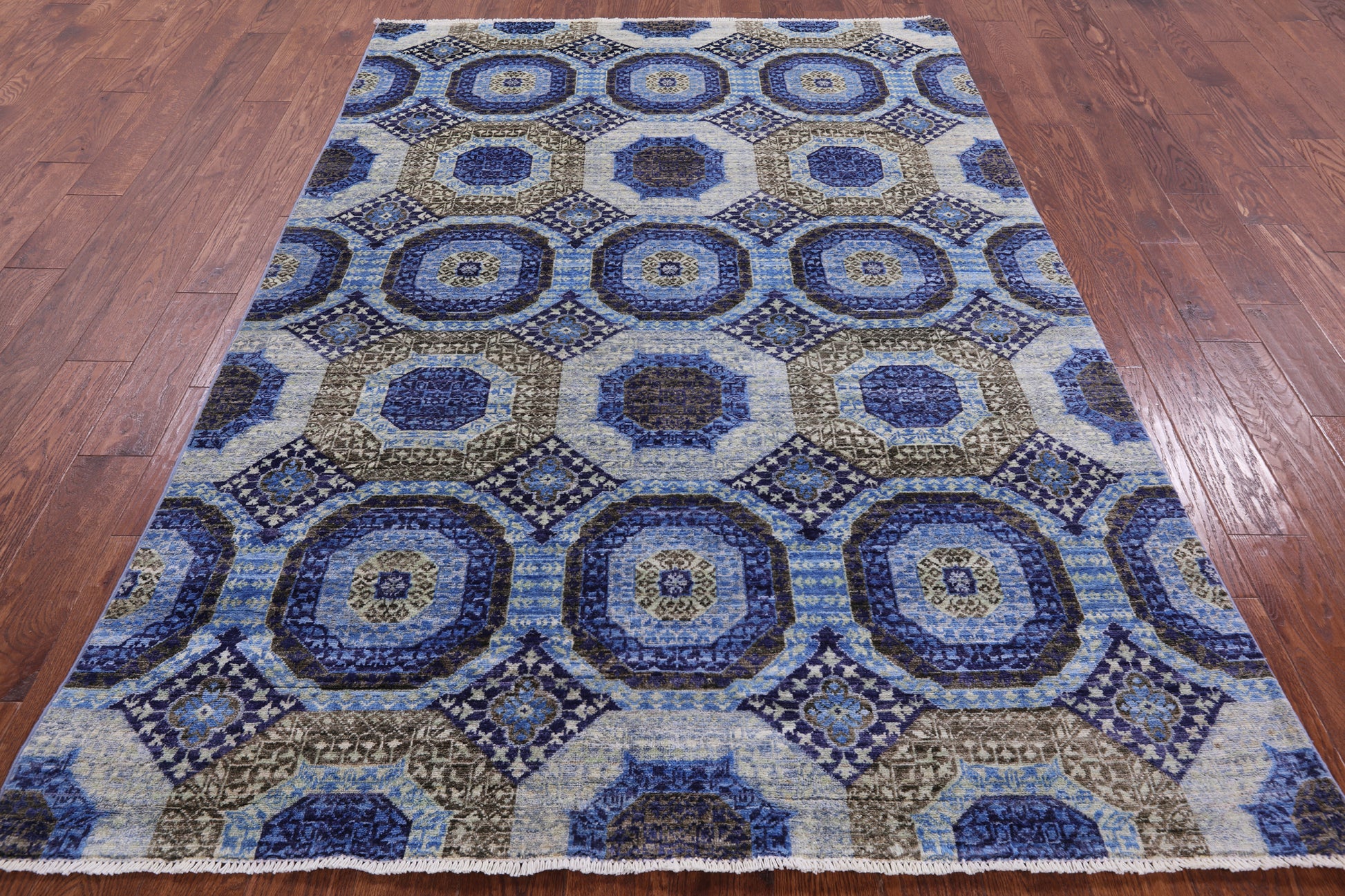 Geometric Persian Mamluk Hand Knotted Wool Rug - 5' 7" X 8' 2" - Golden Nile