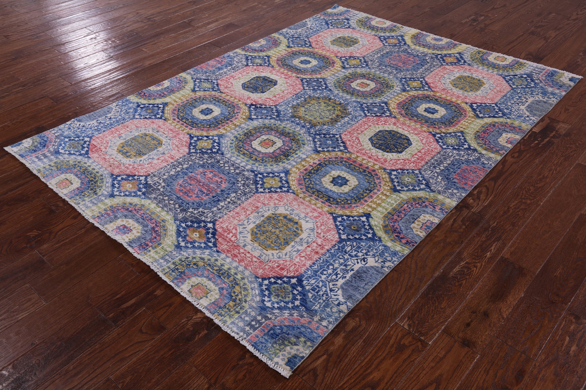 Geometric Persian Mamluk Hand Knotted Wool Rug - 5' 7" X 7' 9" - Golden Nile