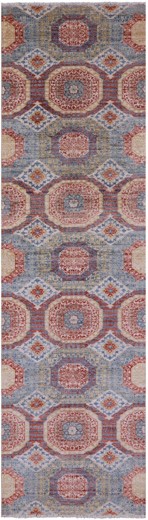 Geometric Persian Mamluk Hand Knotted Wool Runner Rug - 2' 8" X 9' 9" - Golden Nile