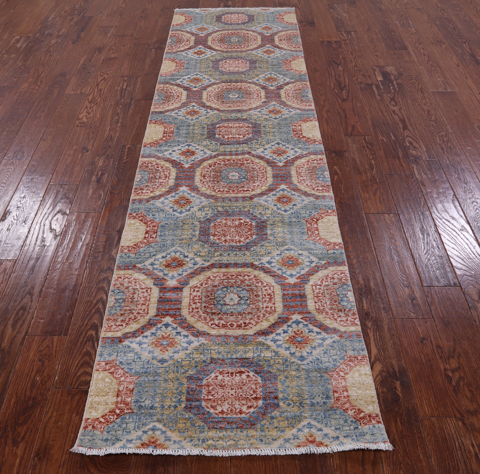 Geometric Persian Mamluk Hand Knotted Wool Runner Rug - 2' 8" X 9' 9" - Golden Nile