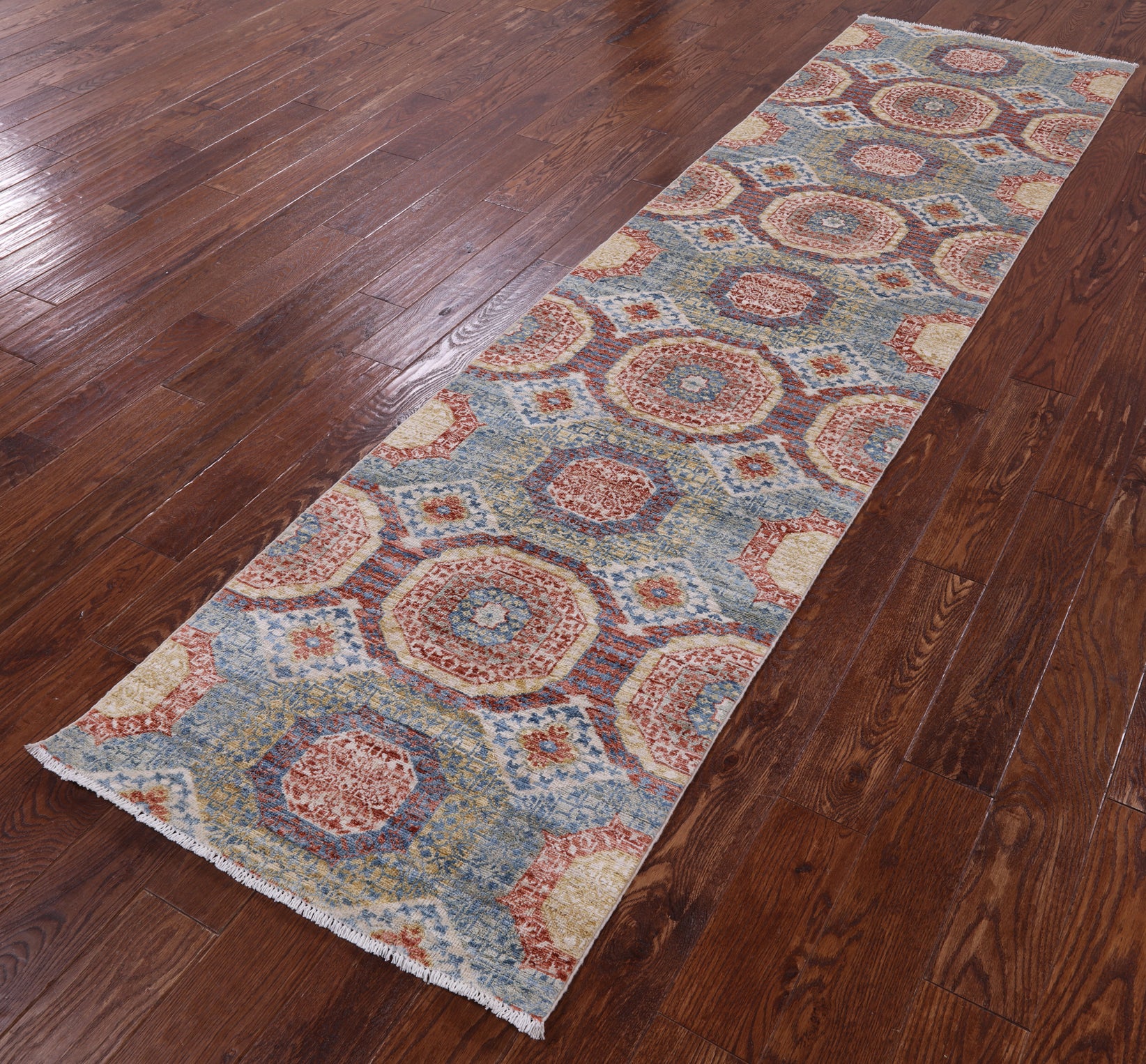 Geometric Persian Mamluk Hand Knotted Wool Runner Rug - 2' 8" X 9' 9" - Golden Nile