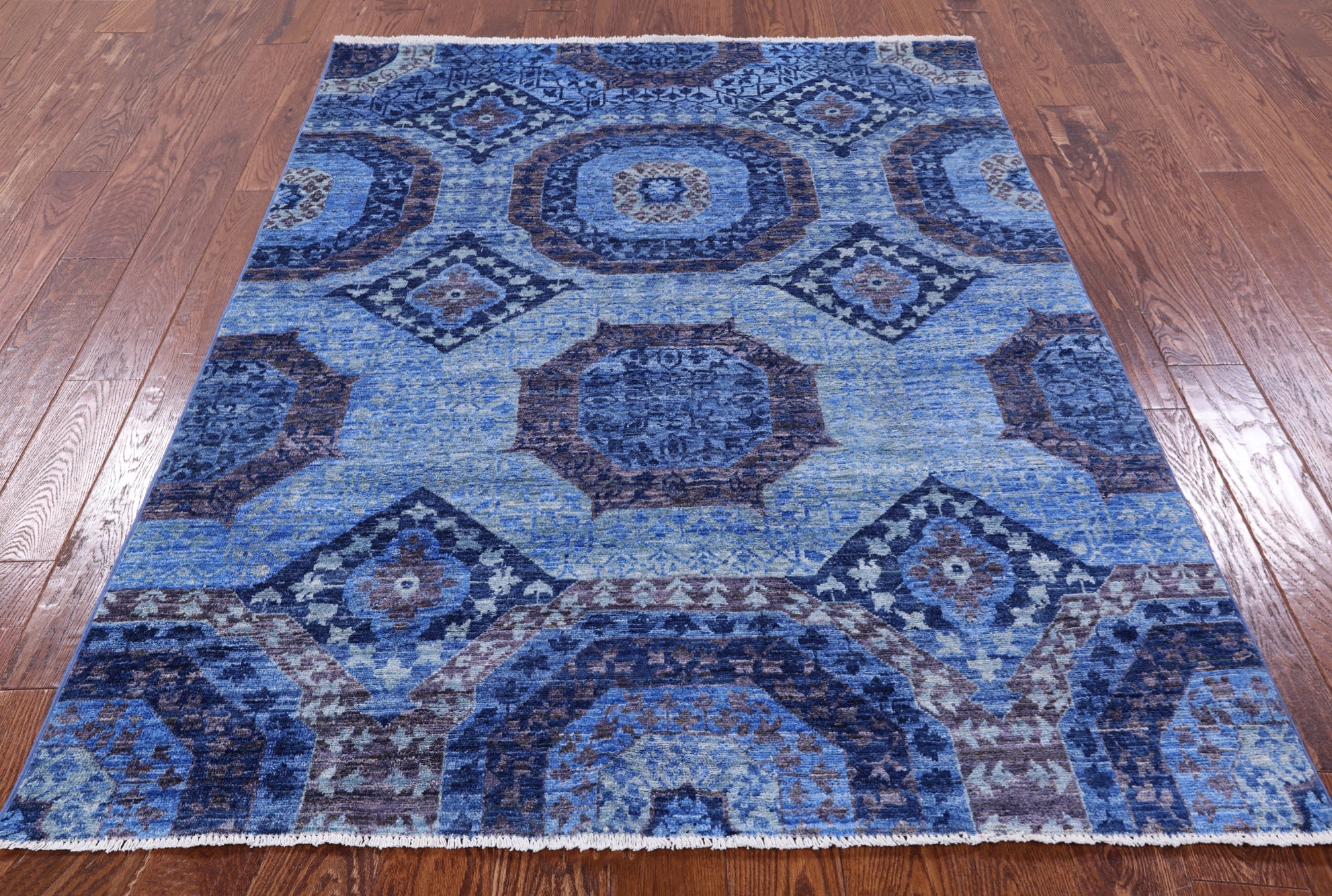 Blue Geometric Persian Mamluk Hand Knotted Wool Rug - 4' 11" X 6' 5" - Golden Nile