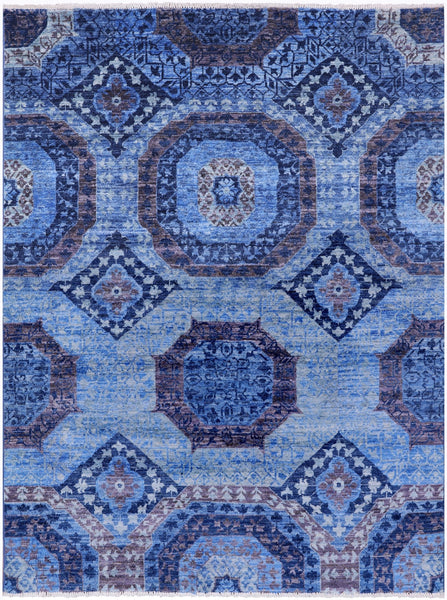 Blue Geometric Persian Mamluk Hand Knotted Wool Rug - 4' 11" X 6' 5" - Golden Nile