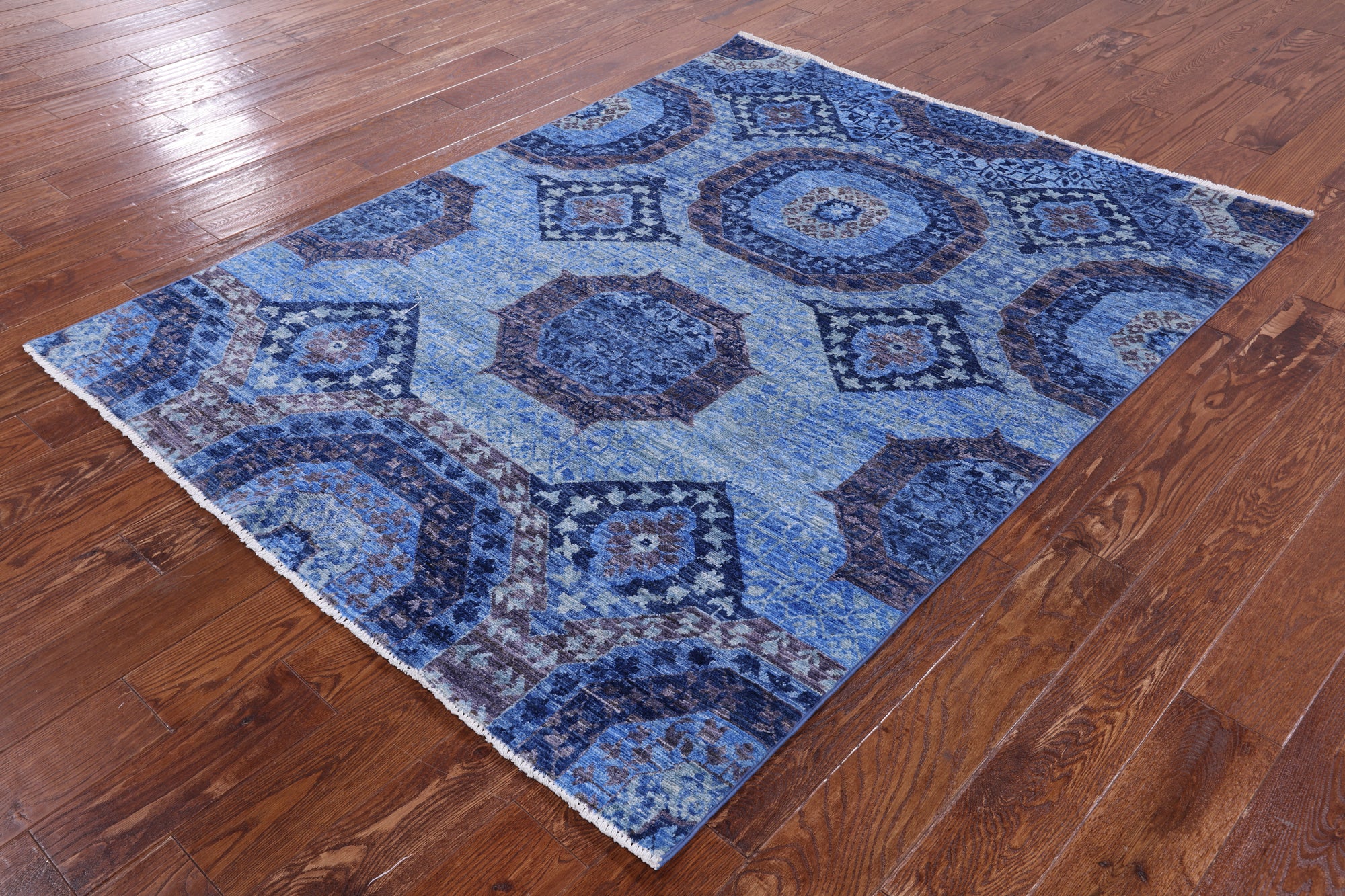 Blue Geometric Persian Mamluk Hand Knotted Wool Rug - 4' 11" X 6' 5" - Golden Nile