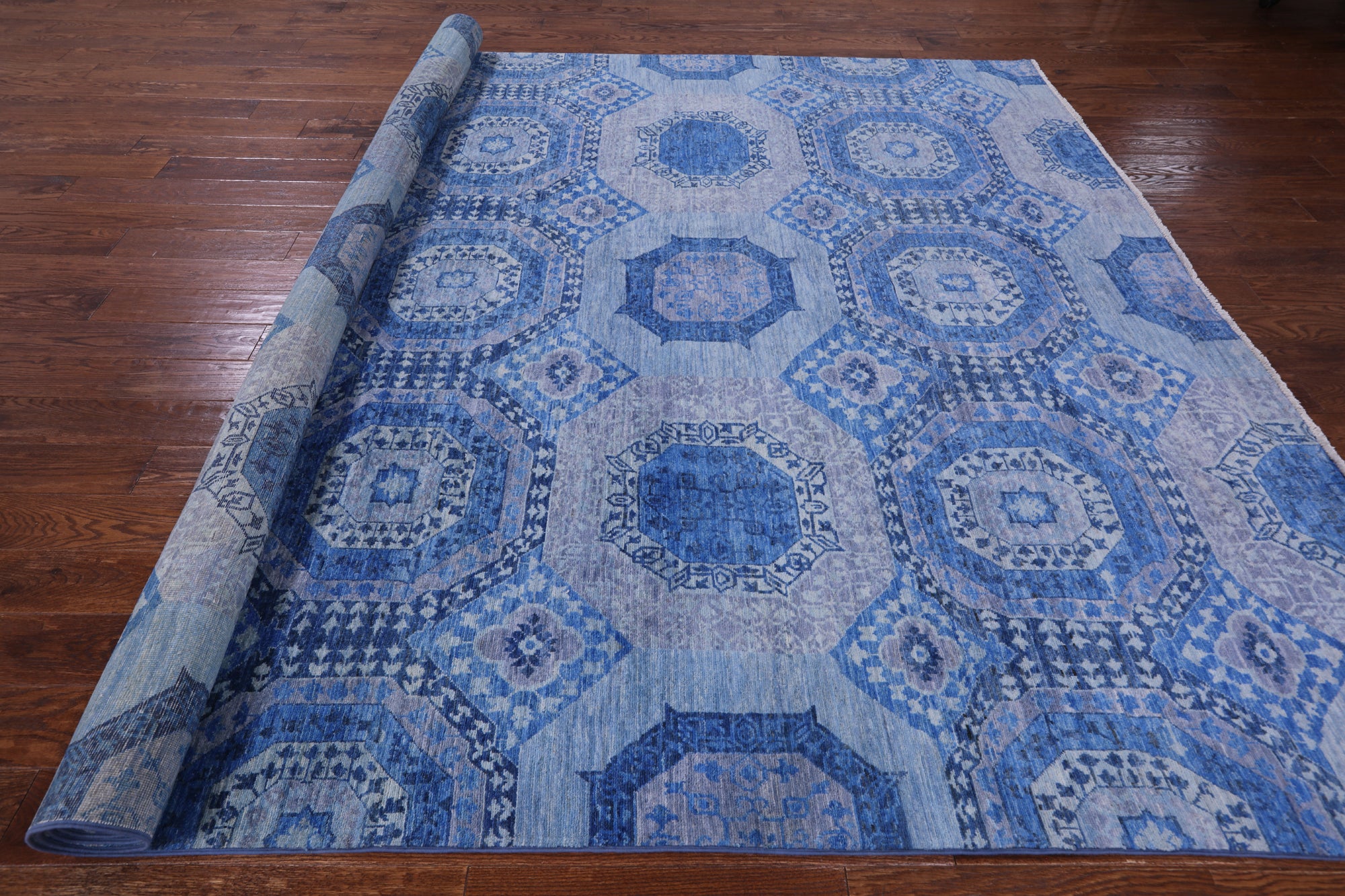 Blue Geometric Persian Mamluk Hand Knotted Wool Rug - 8' 10" X 12' 3" - Golden Nile